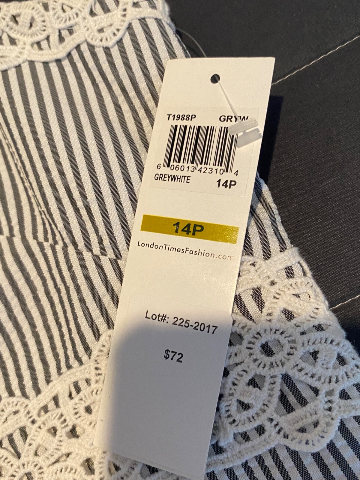 London Times Petites 14P Gray White Striped Lace Sleeveless Dress NWT $72