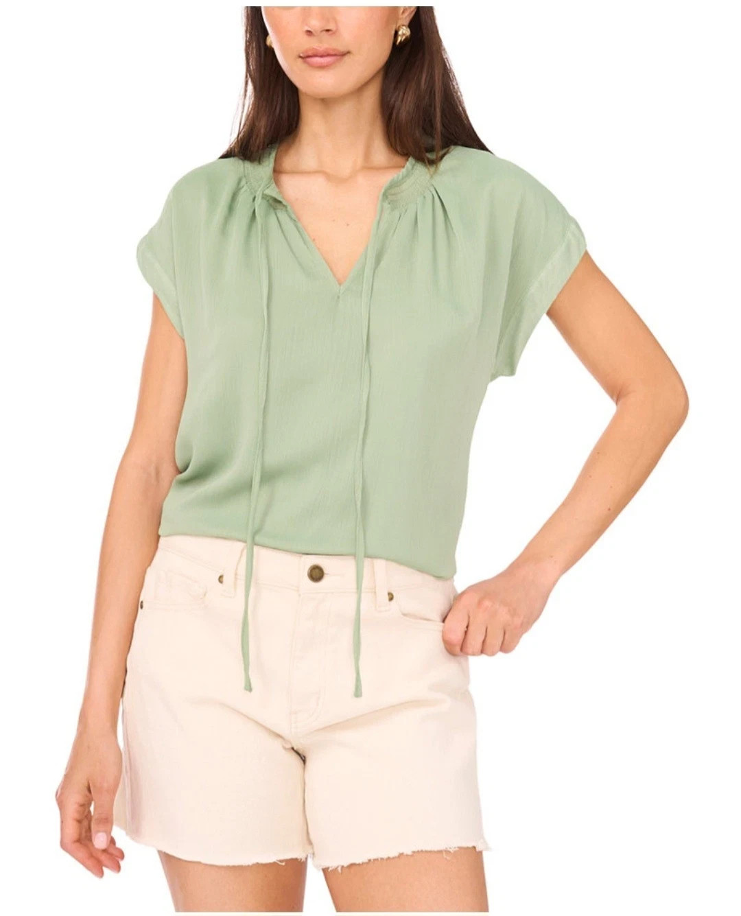 NWT! Vince Camuto Eucalyptus Green Smocked Tie-Neck Cap Sleeve Peasant Blouse L