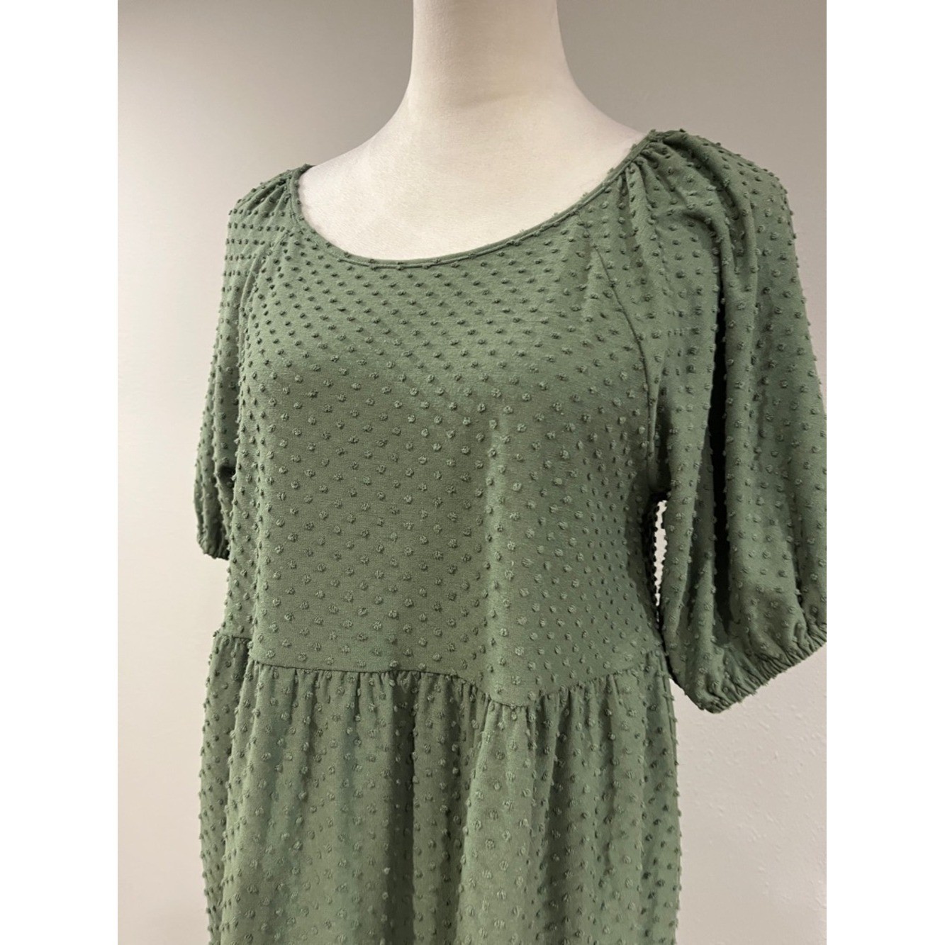 J. Crew Olive Green Textured Tiered puffy short sleeves Midi Dress