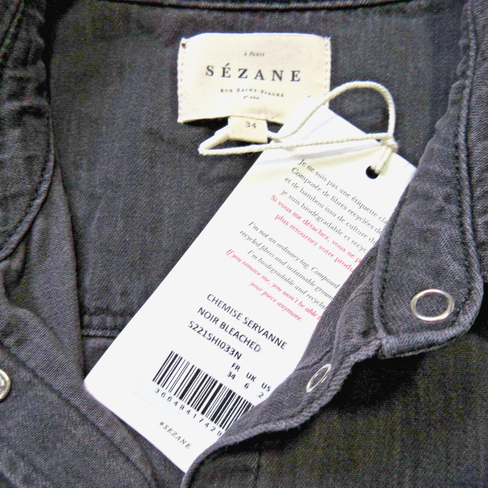 NWT Sezane Servanne Shirt in Bleached Black Chambray Snap Down Top 34 / US 2