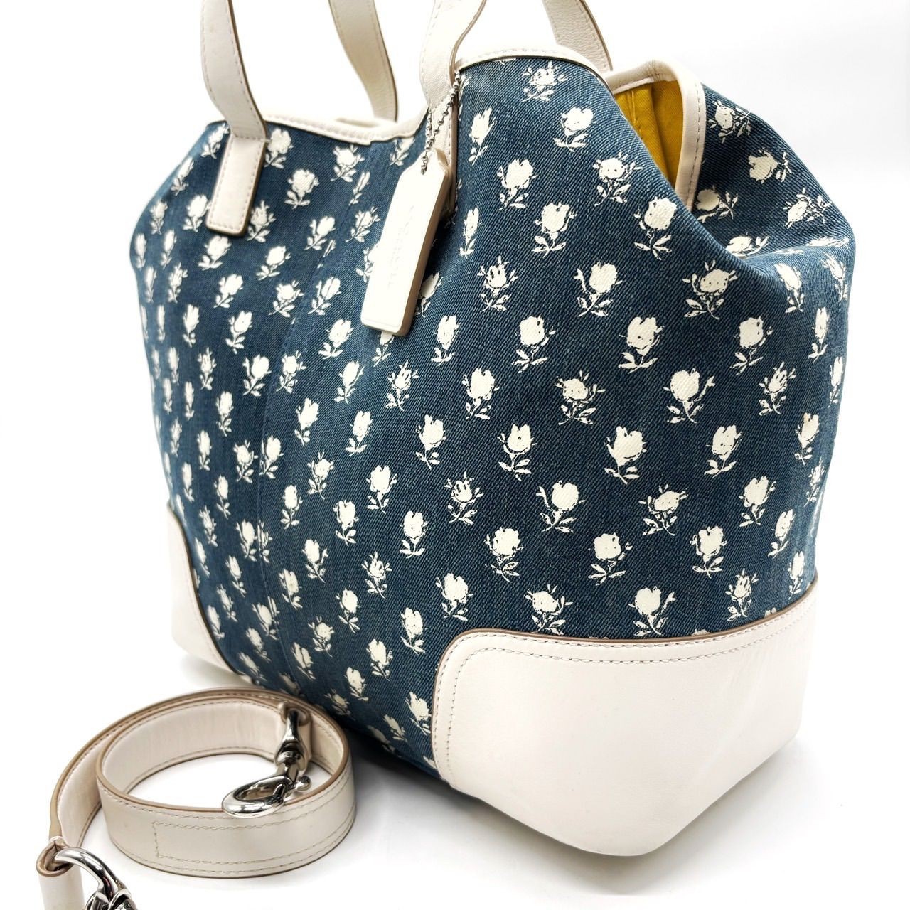 Coach Y2K Flower Denim 2Way Shoulder Bag Canvas Unisex Authentic Denim White