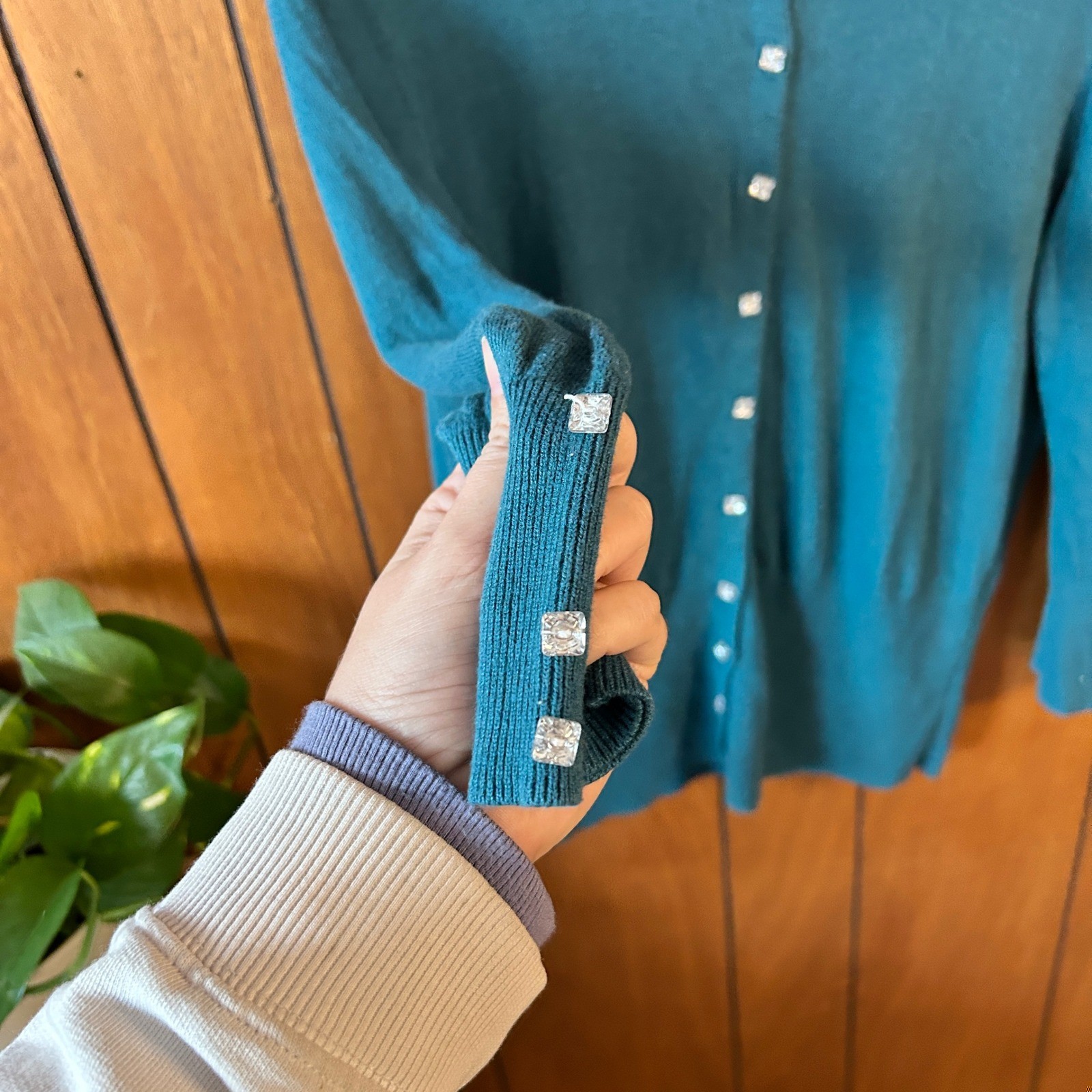 Peck & Peck Teal Blue Rhinestone Button Cardigan Sweater Womens Large