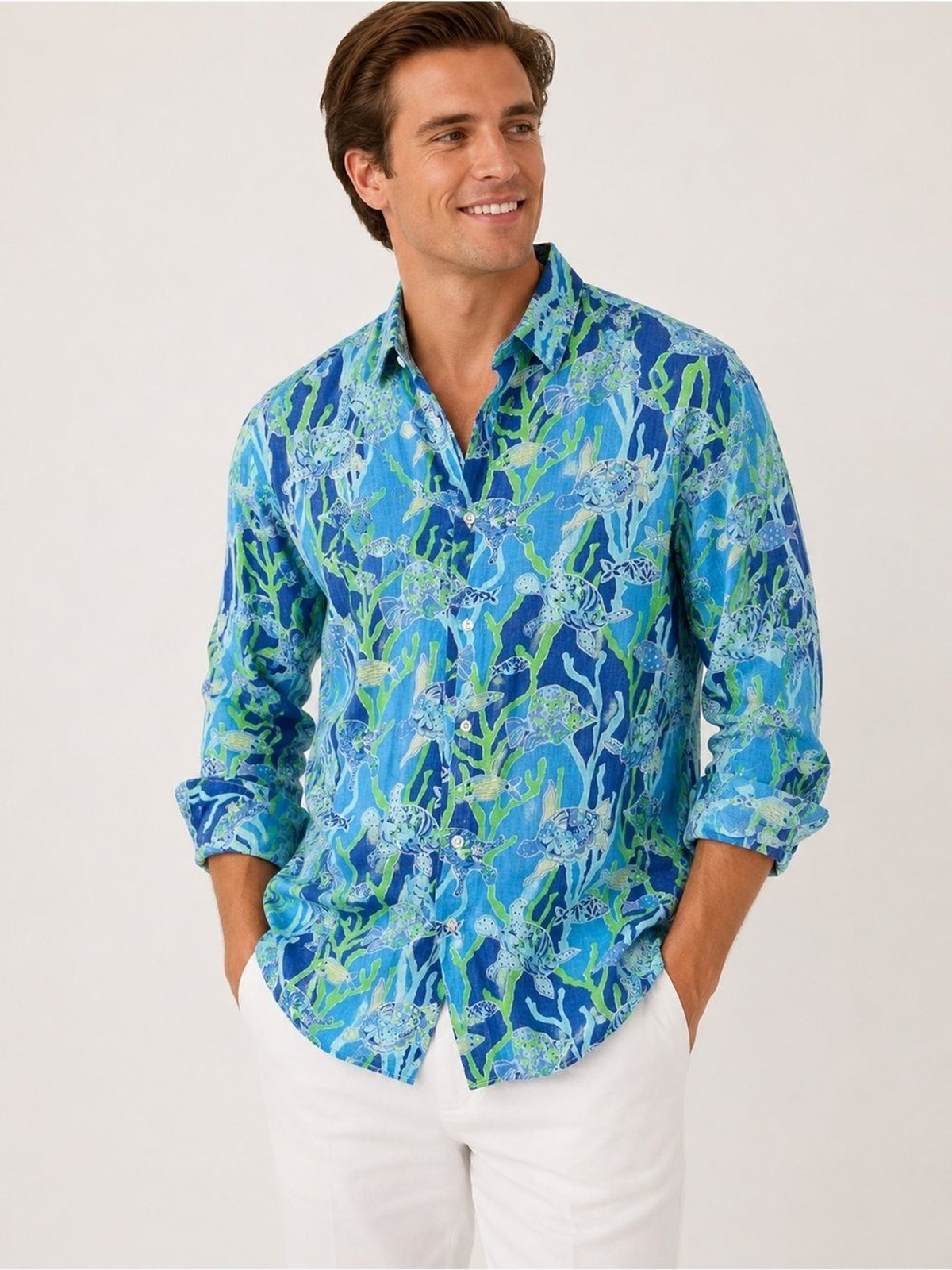 Lilly Pulitzer Men’s Stuff Wyeth 100% Linen Shirt L Sea Turtle Coral Blue Print