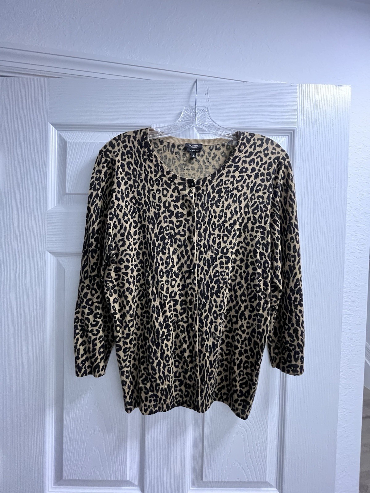 Talbots Pure Merino Wool Leopard Animal Print Button Cardigan Sweater Womens L