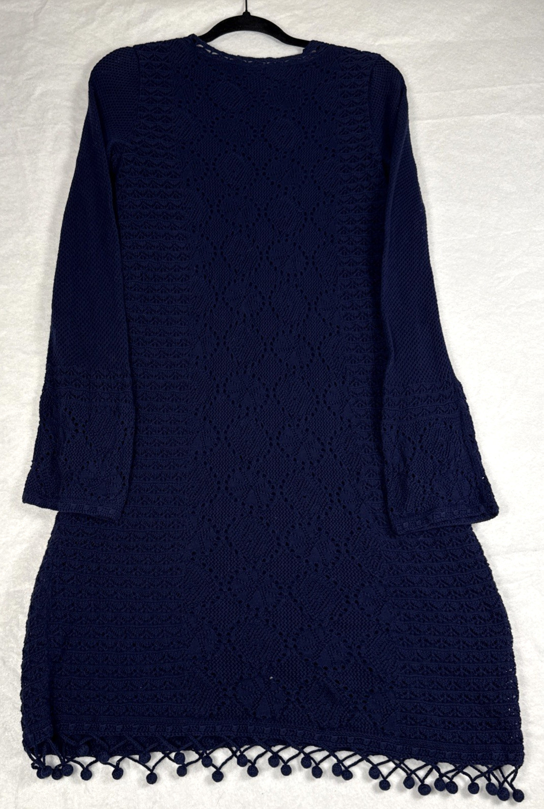 Lilly Pulitzer Athena Crochet Tunic Coverup M Navy Lined Pom Pom Hem Beach Swim