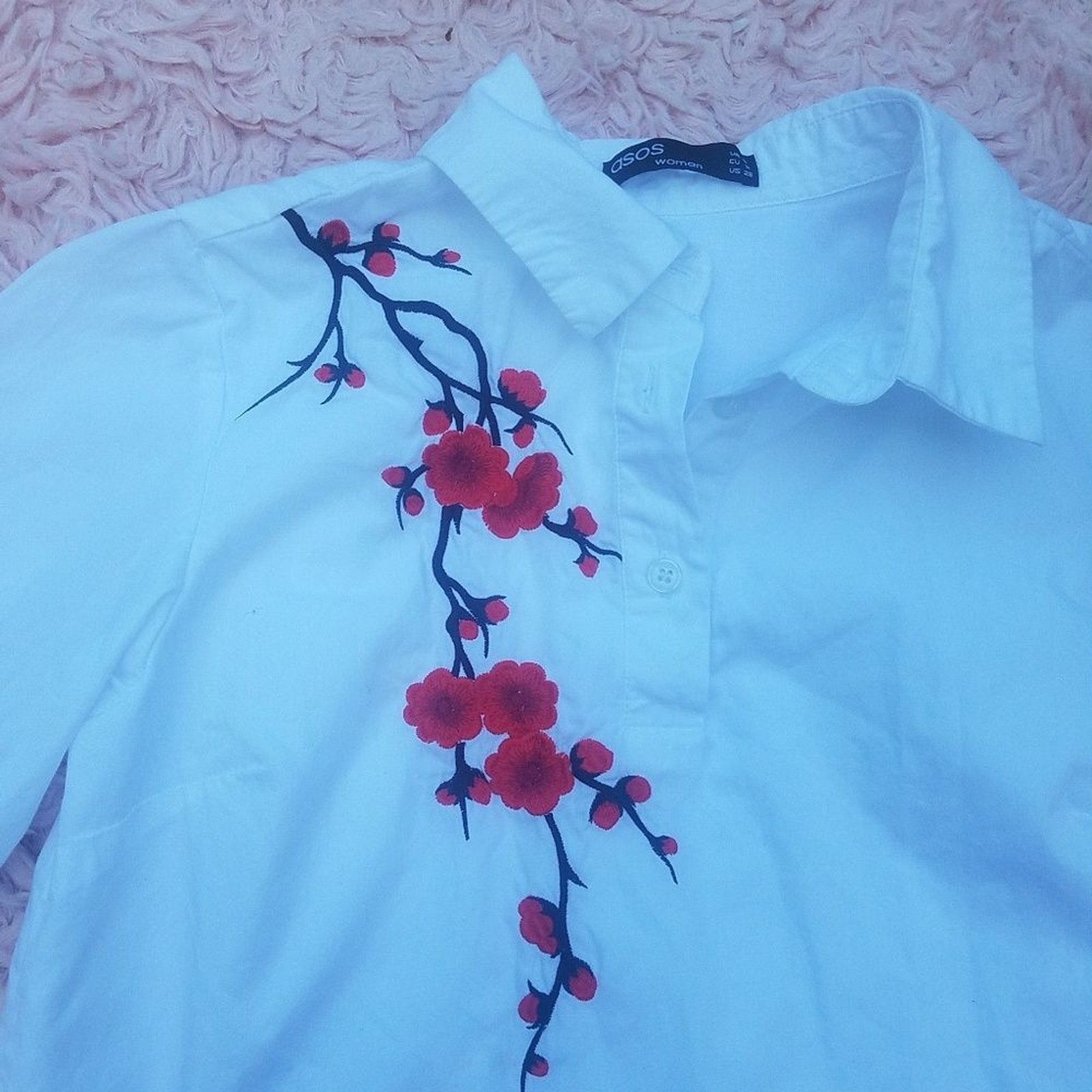 Asos Embroidered Cherry Blossom White Mini Shirt Dress Ruffle Hem Drop Waist S