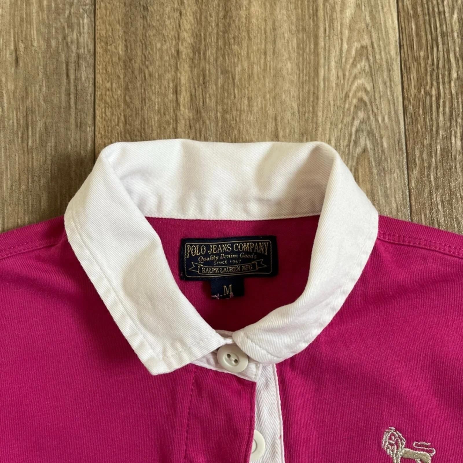 Vintage Polo Ralph Lauren Pink Rugby Shirt Womens Medium Crest Patch Preppy Y2K