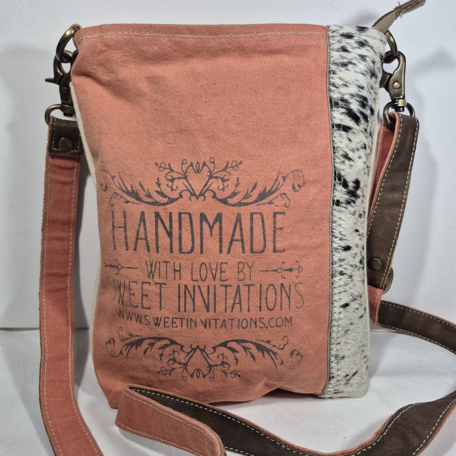 Clea Ray Upcycled Canvas Crossbody Bag Cowhide Handmade With Love Coral Adjust