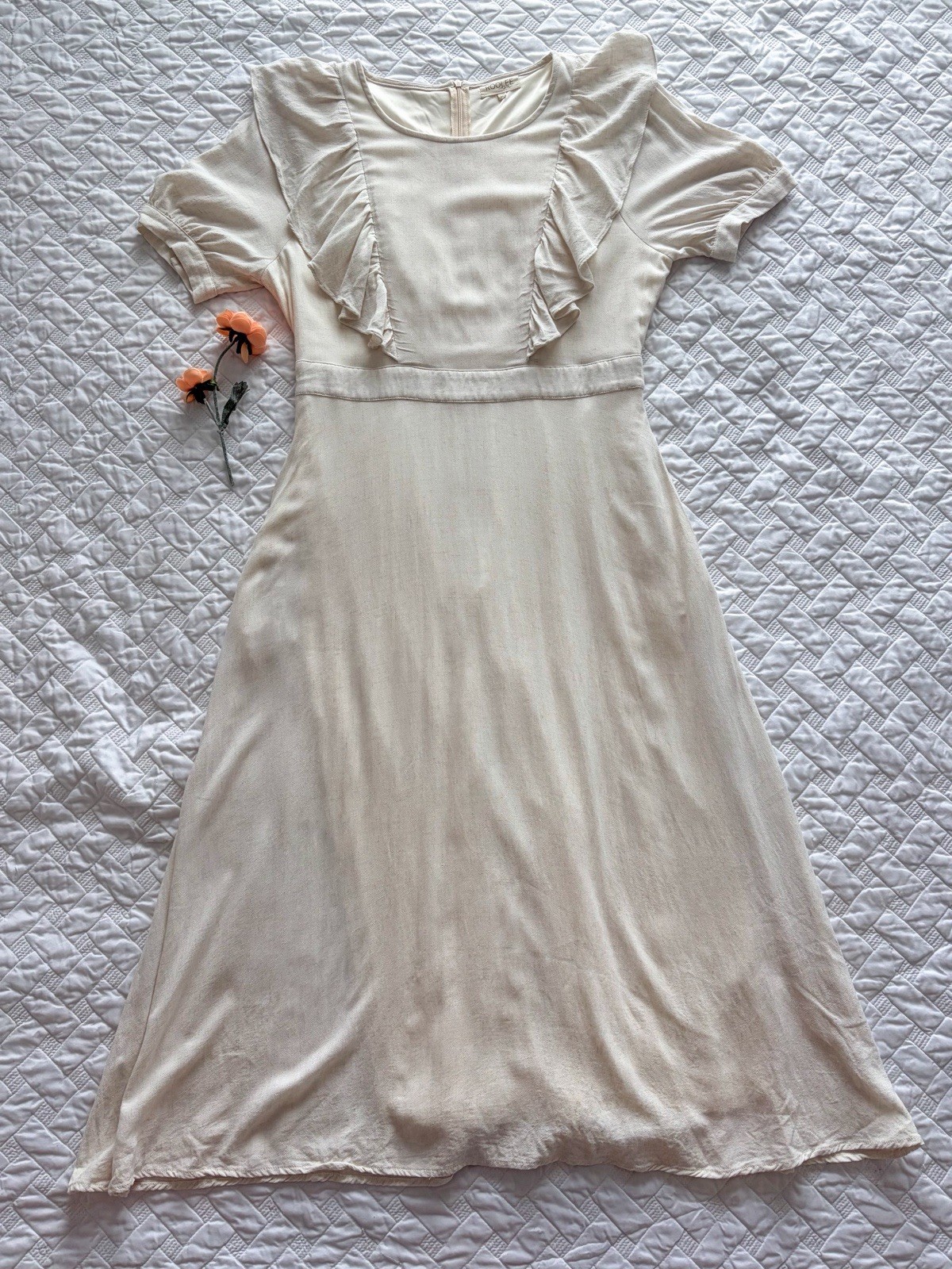 Roolee Home Cream Ruffle Midi Dress Size M Linen Blend Cottagecore Prairie