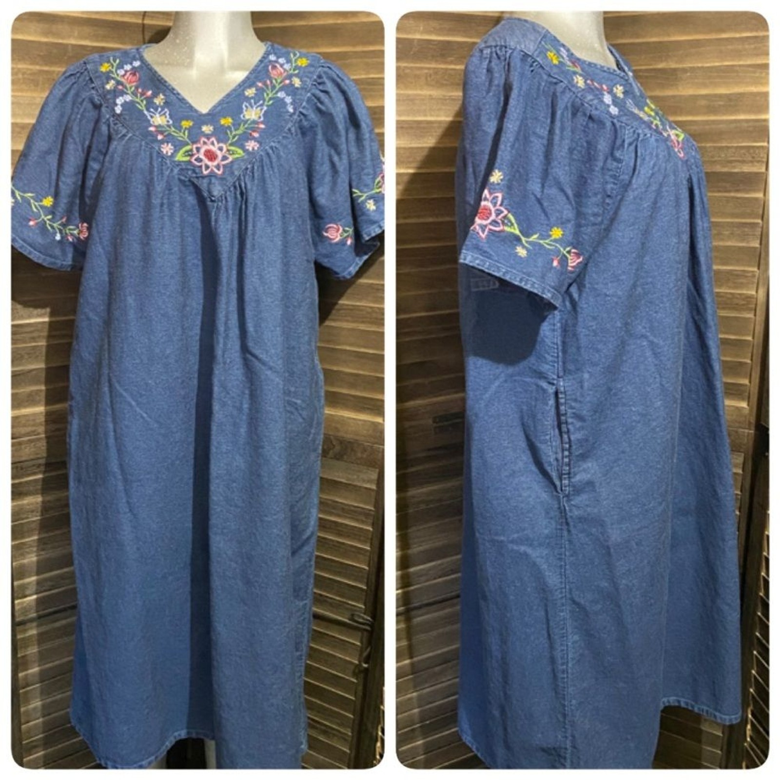 Loungees Midi Boho Chambray Dress Blue Denim Embroidered Floral Cotton Sz Large
