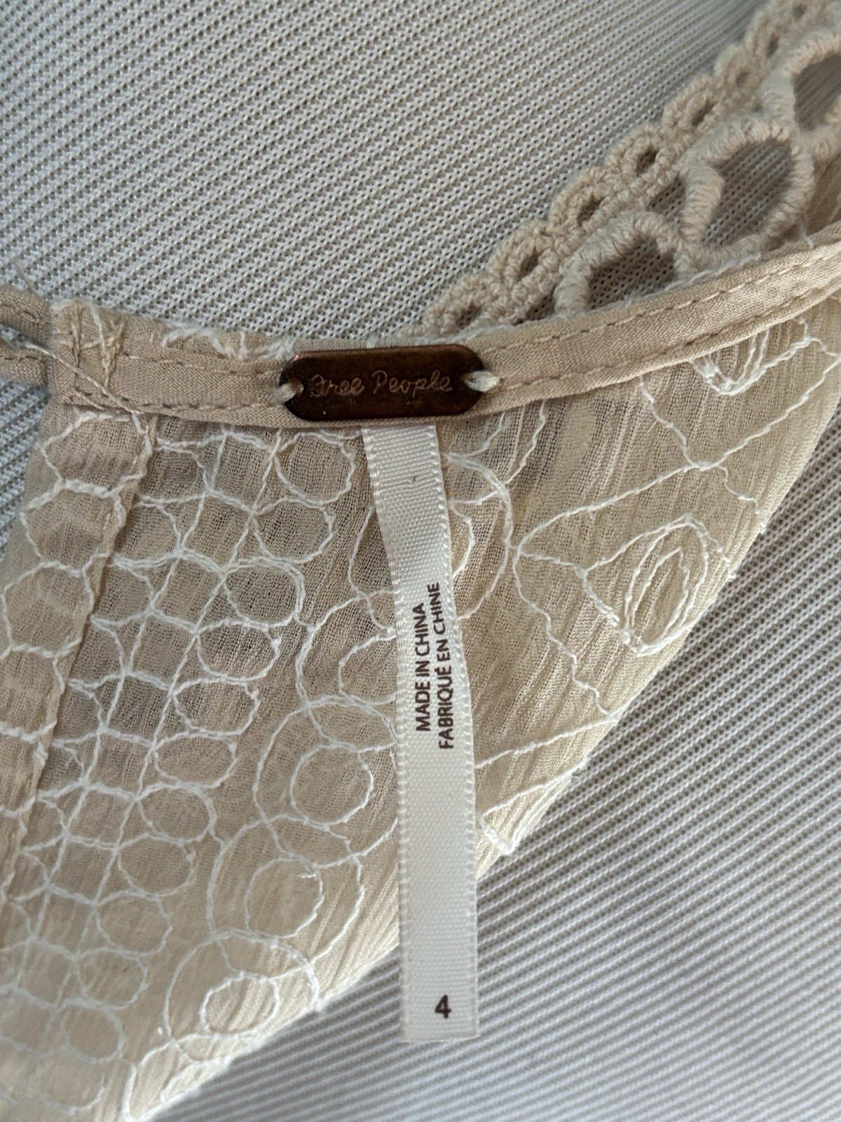 Free People Beige Lace Crochet Cut-Out A-Line Mini Dress Round Neck Button 4