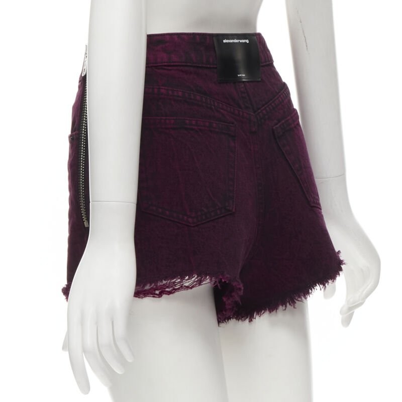 ALEXANDER WANG Bite berry red black washed side zip frayed denim shorts 25″