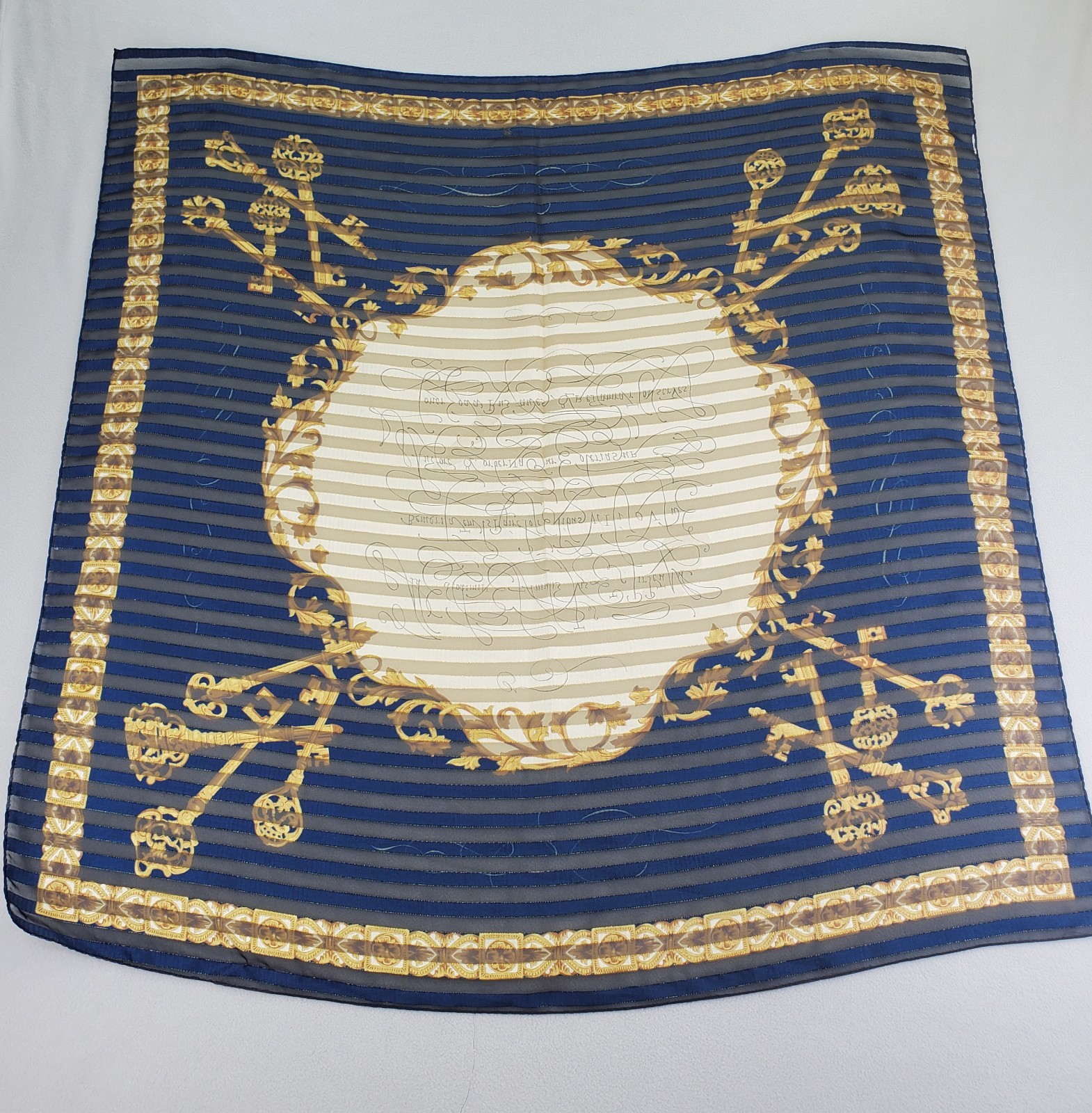 VTG Manuscript Scarf 35in Square Blue Shadow Stripe Faux Latin Gold Metallic Key