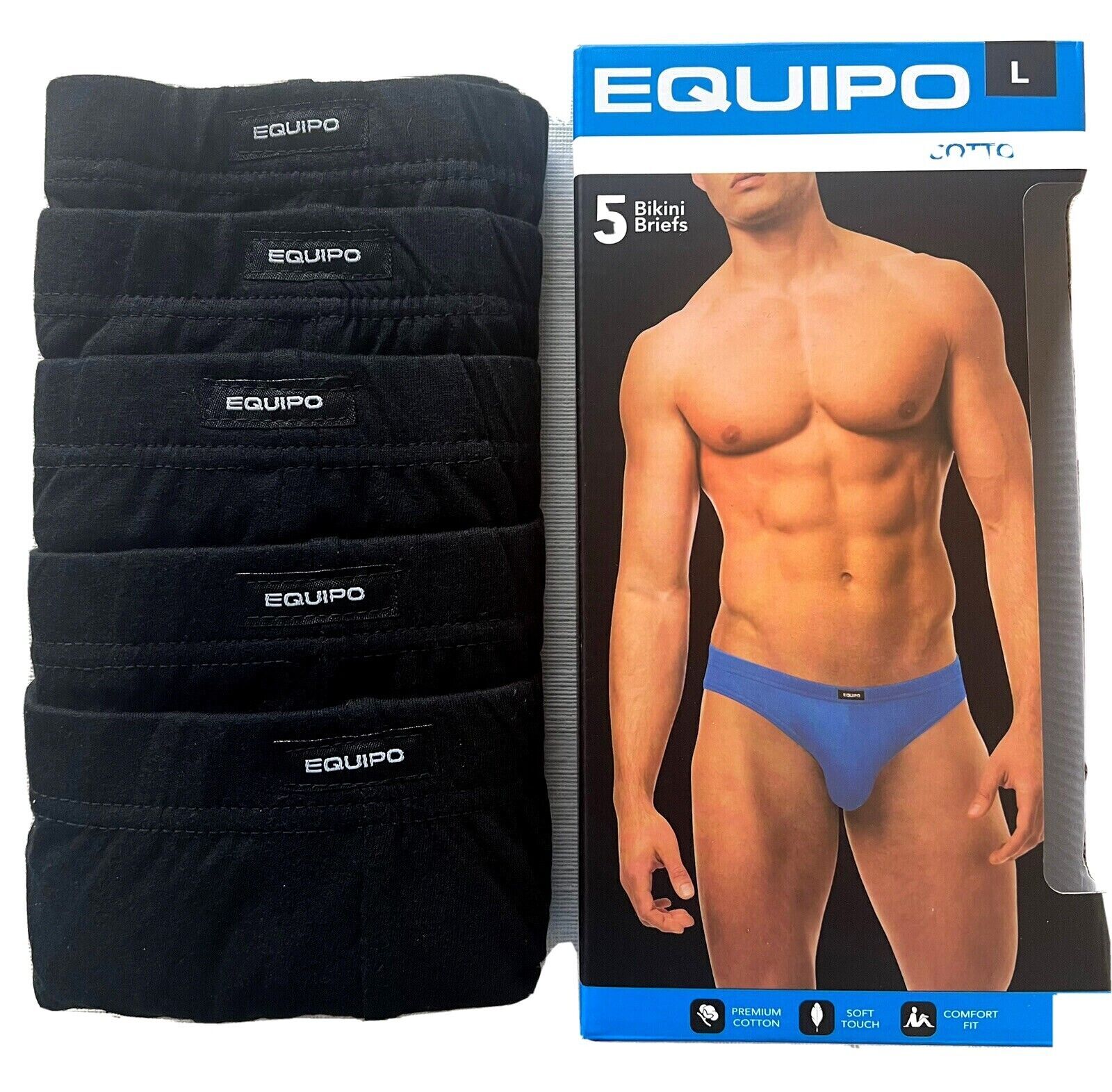 Men’s equipo 5-pack Solid Bikini Briefs (Black) No Fly Premium Cotton Underwear