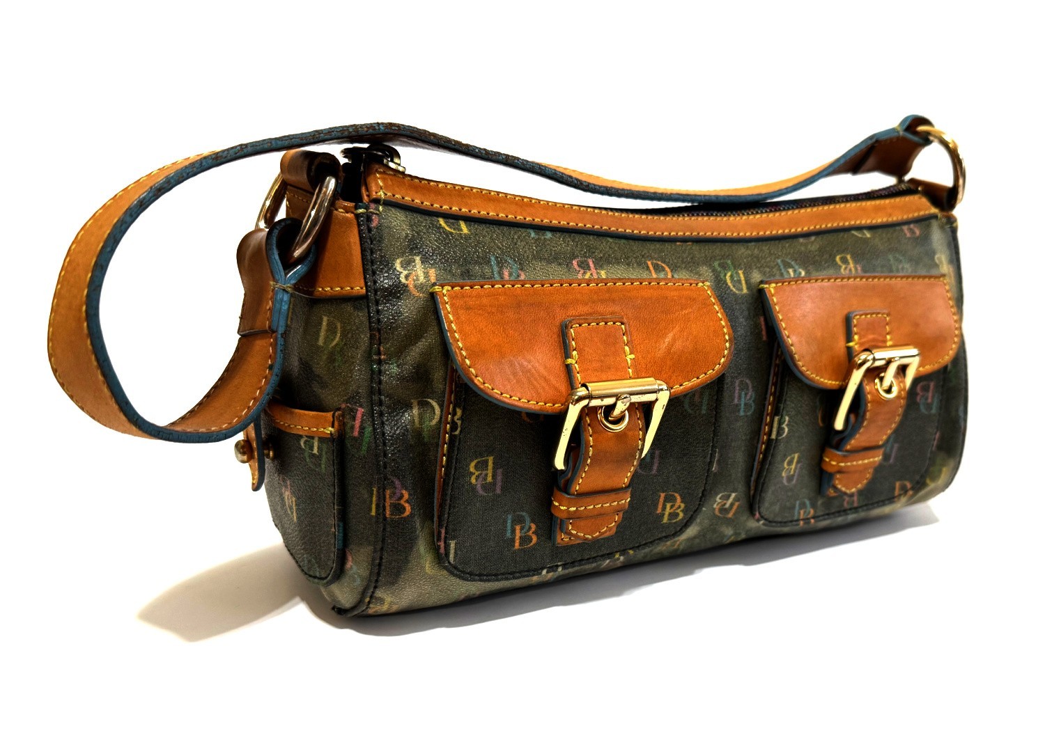 NICE VTG DOONEY & BOURKE Y2K MULTICOLOR DB COATED CANVAS DOUBLE POCKET HANDBAG