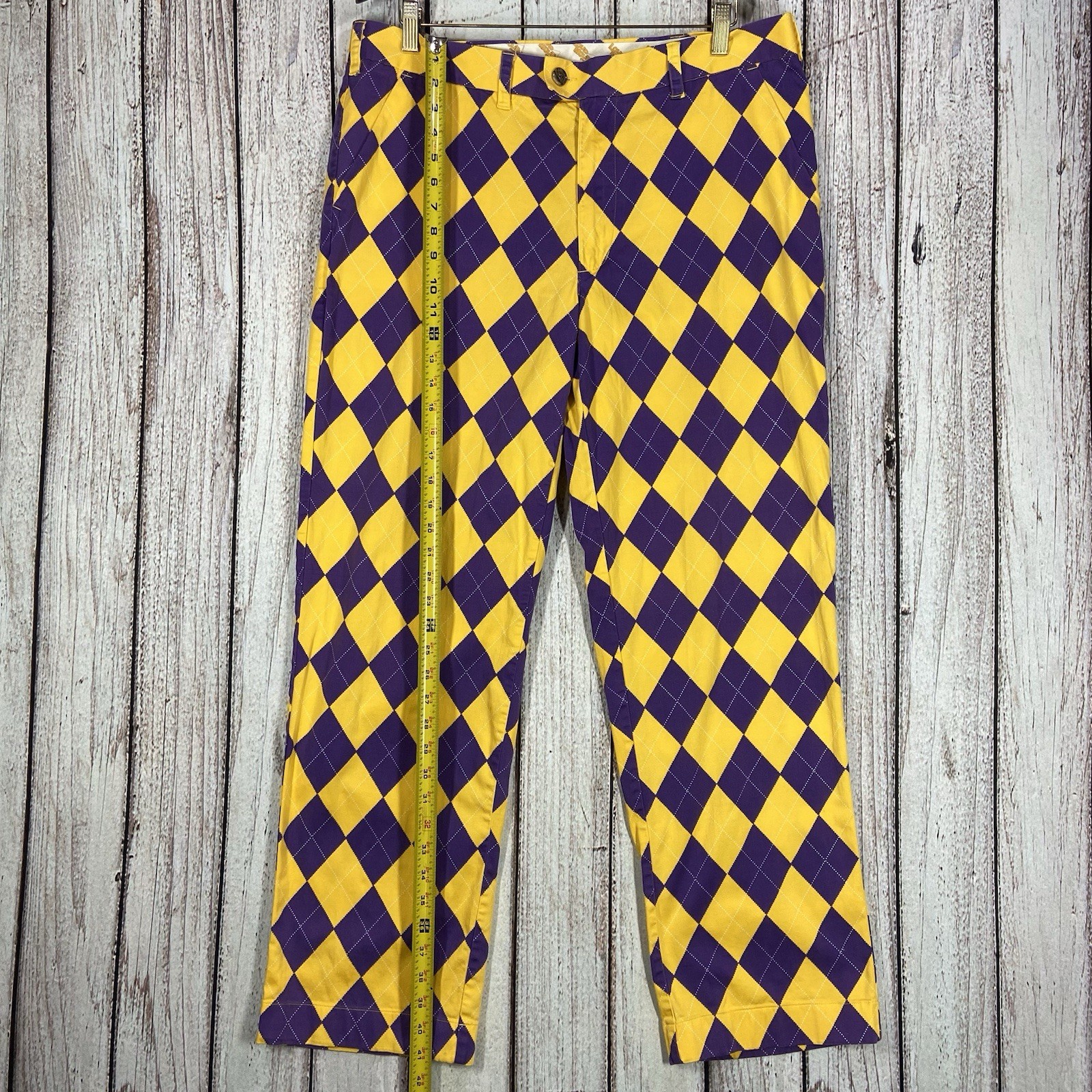 Loudmouth Pants Mens 38 X 32 Yellow Purple Golf Argyle Jester Cotton Checkered