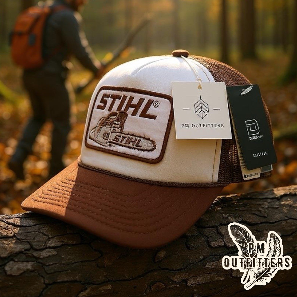 Retro Vintage Stihl Chainsaw Embroidered Patch on Decky Foam Front Rope Trucker