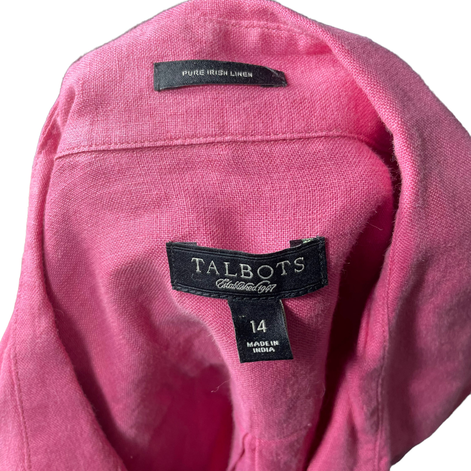 100% Linen Blouse 14 Irish Hot Pink Talbots Button-up Shirt Long Sleeve Barbie