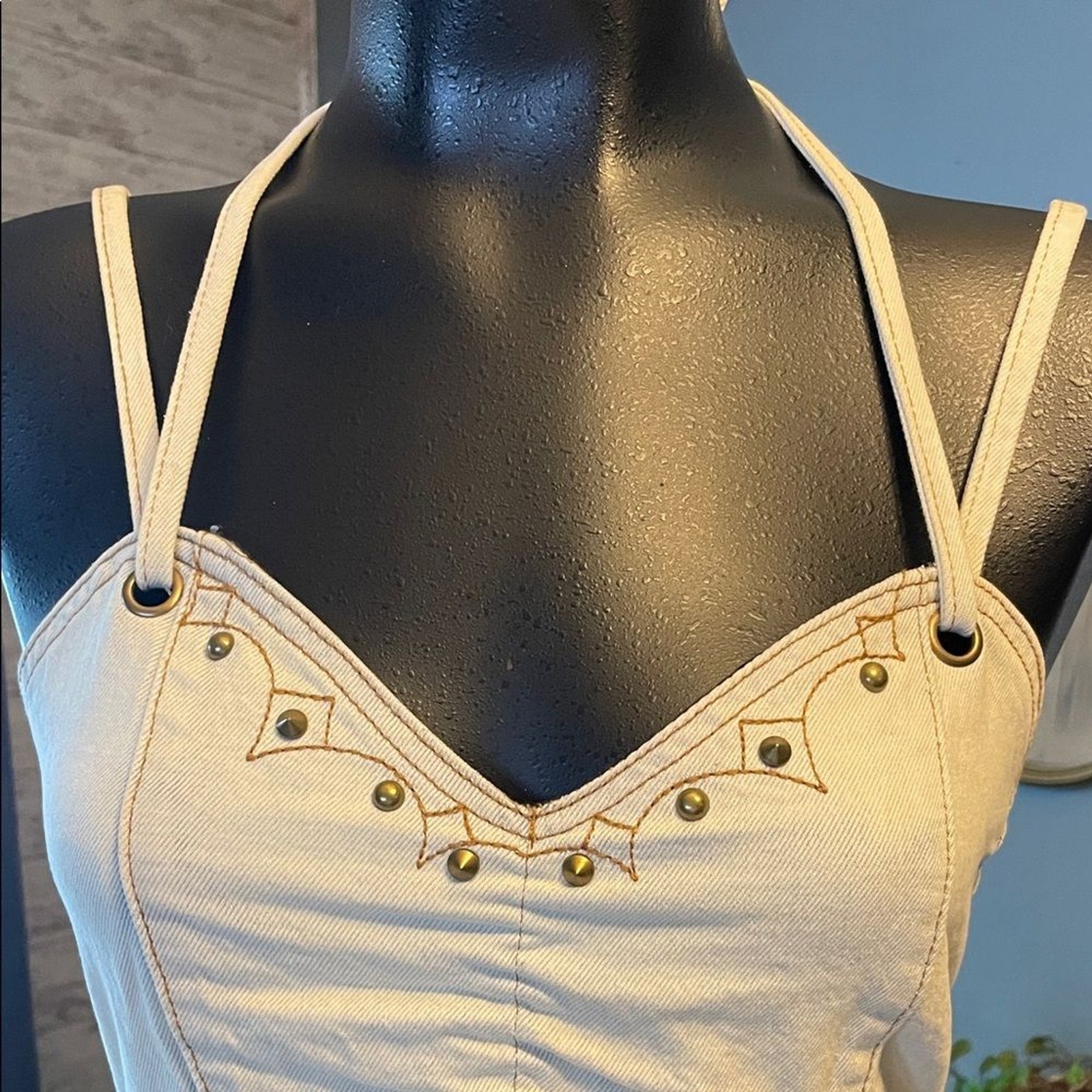Chic Beige Halter Crop Top with Stud Accents