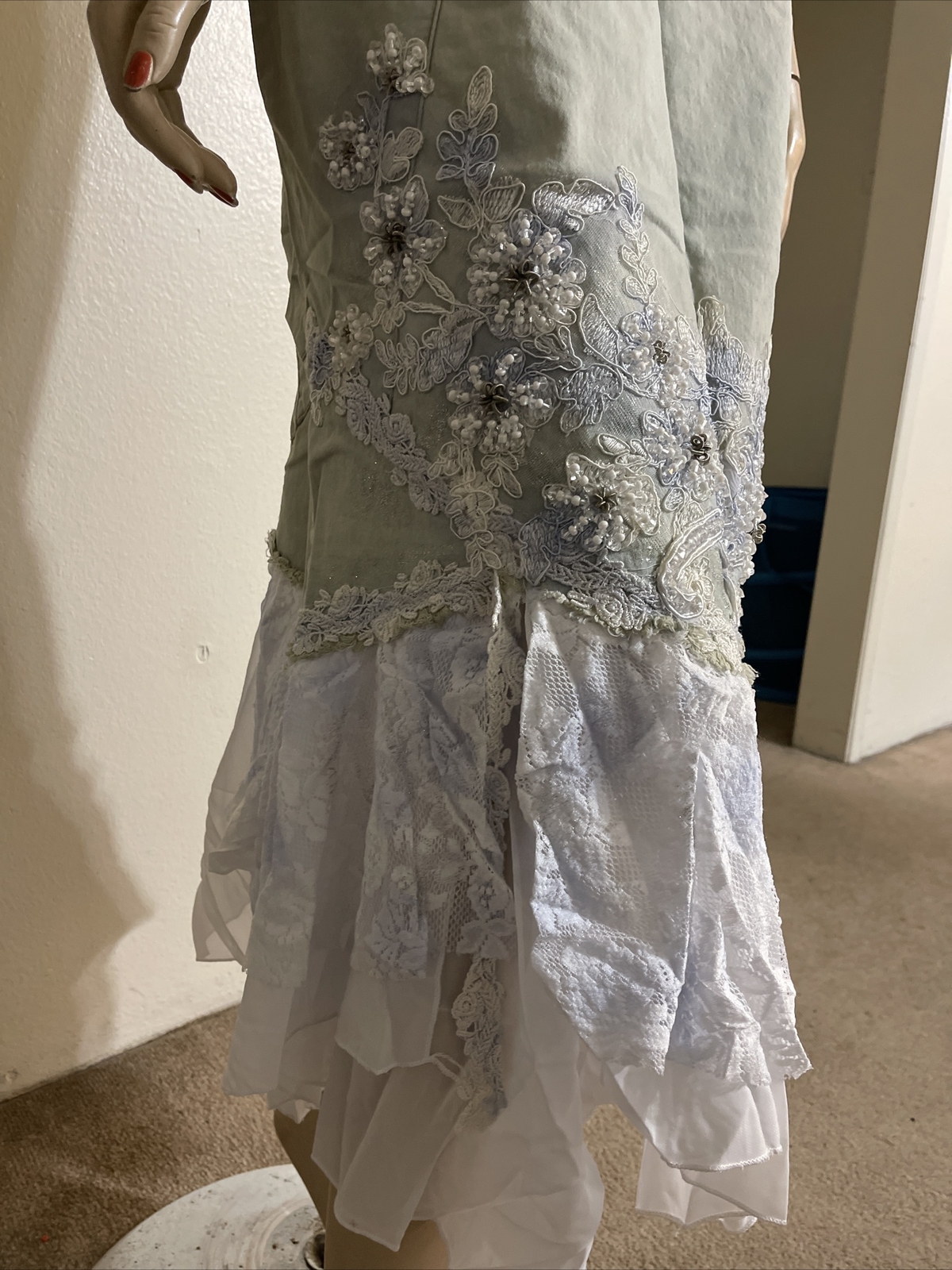 Light Blue White Denim Hippie Boho Beaded Embroidery Lace Size L(8-10) Skirt 710