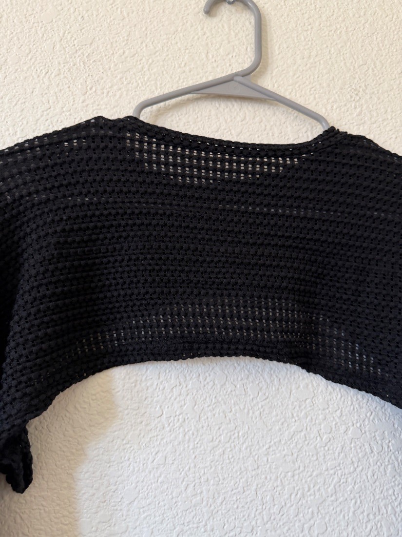 Womens Black Open Knit Mesh Cropped Sweater Long Sleeve Shrug Top M