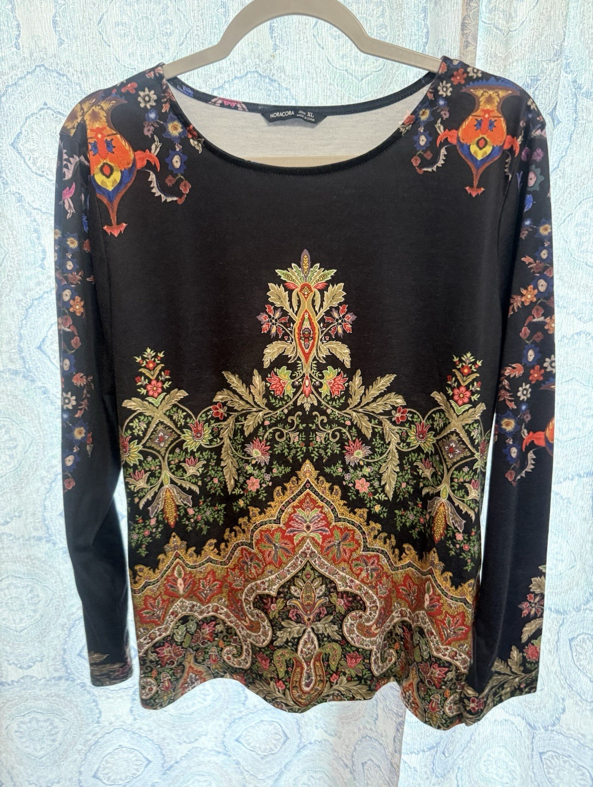 NORACORA Women’s Black Multicolor Floral Scoop Neck Long Sleeve Pullover Top XL