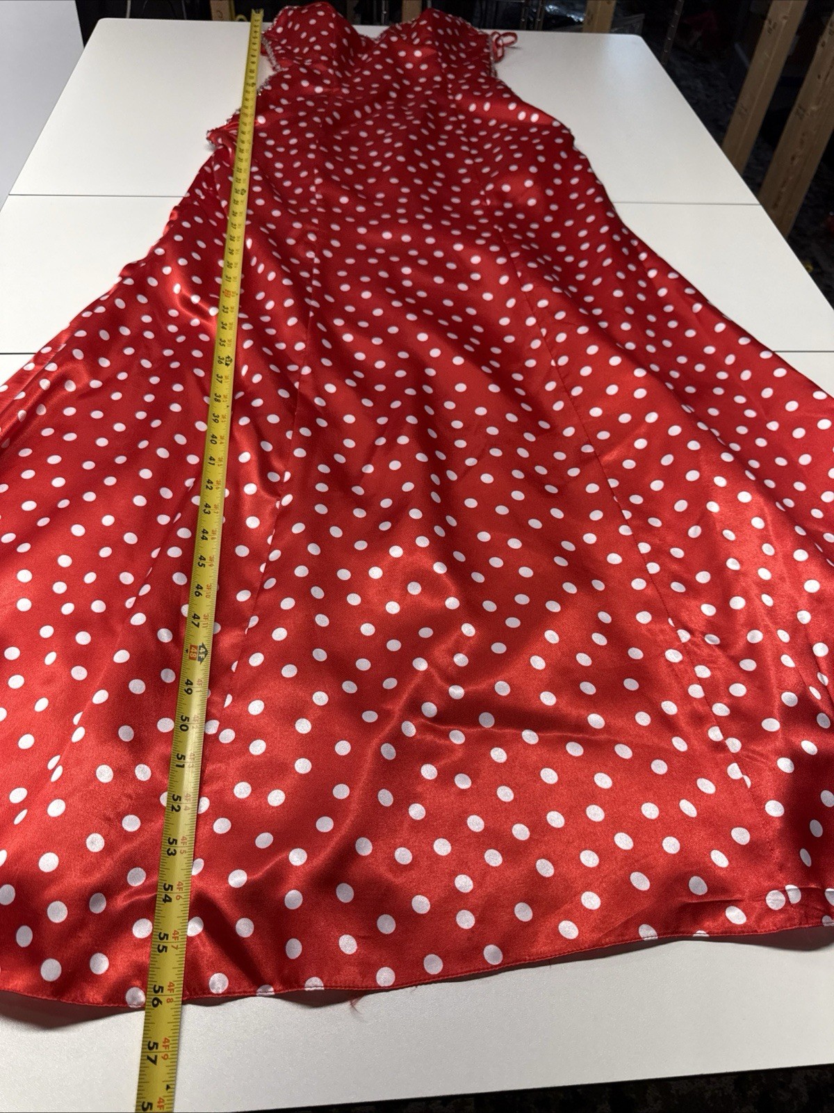Mori Lee Formal Gown Maxi Dress Sz 13/14 Red White Polka Dot Beaded Sides LaceUp