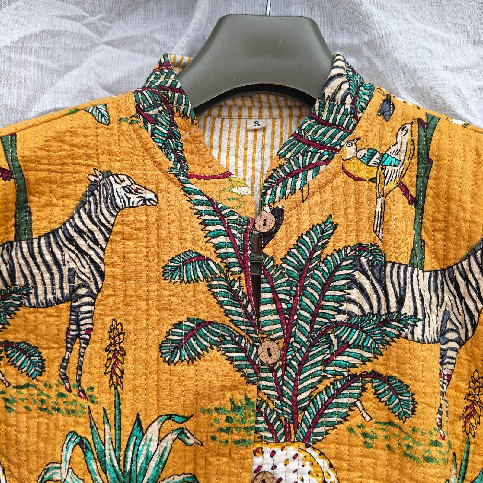 Block Print Cotton Coat, Mustard Yellow Safari Jungle Print Kantha Jacket,
