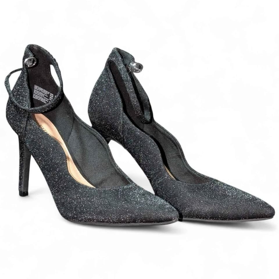 Christian Siriano Black Glitter Heels Size 9.5 4.5 Inch Stiletto Pointed Toe