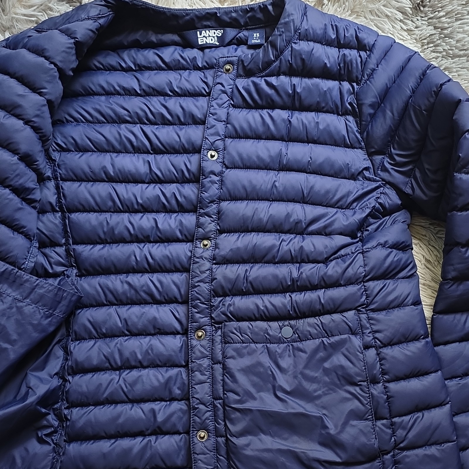 Lands’ End Quilted Puffer Jacket Women’s Navy Blue Snap Full Zip Outdoor – Small