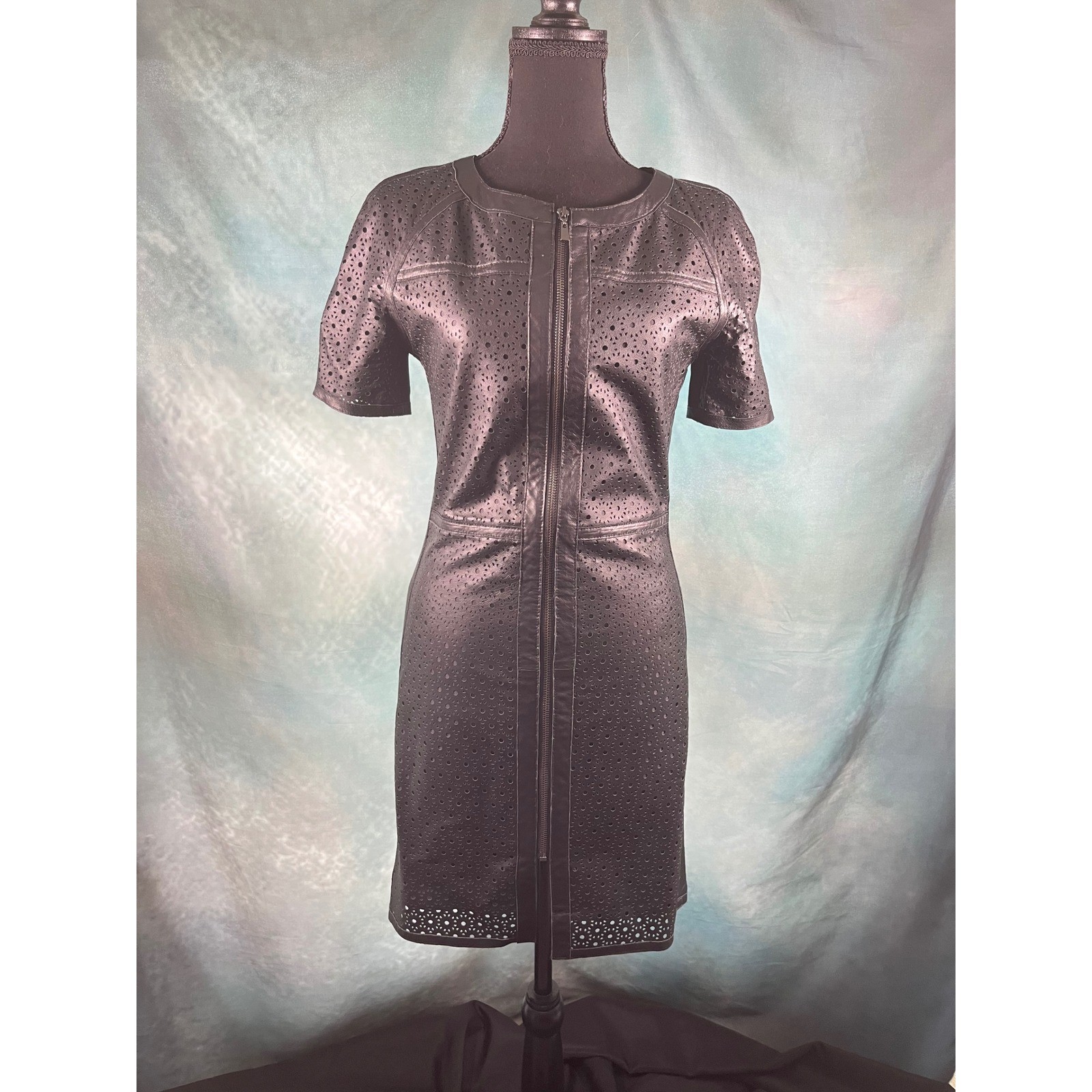 My Tribe Black Leather Perforated Front Zip Sheath Dress Womens Small