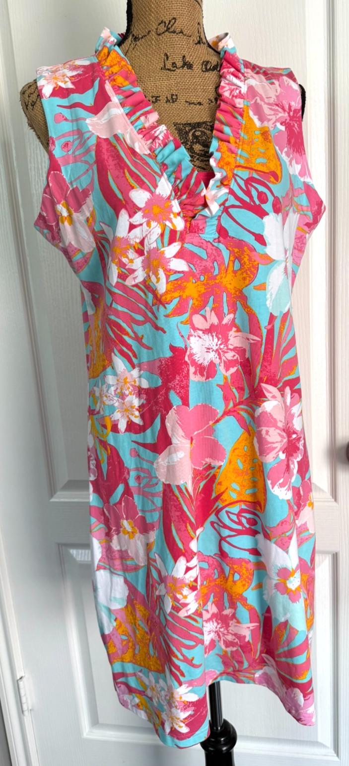 Ana Clare Dress Sleeveless Ruffle V-Neck Pink Floral Hawaiian Cotton Stretch XL