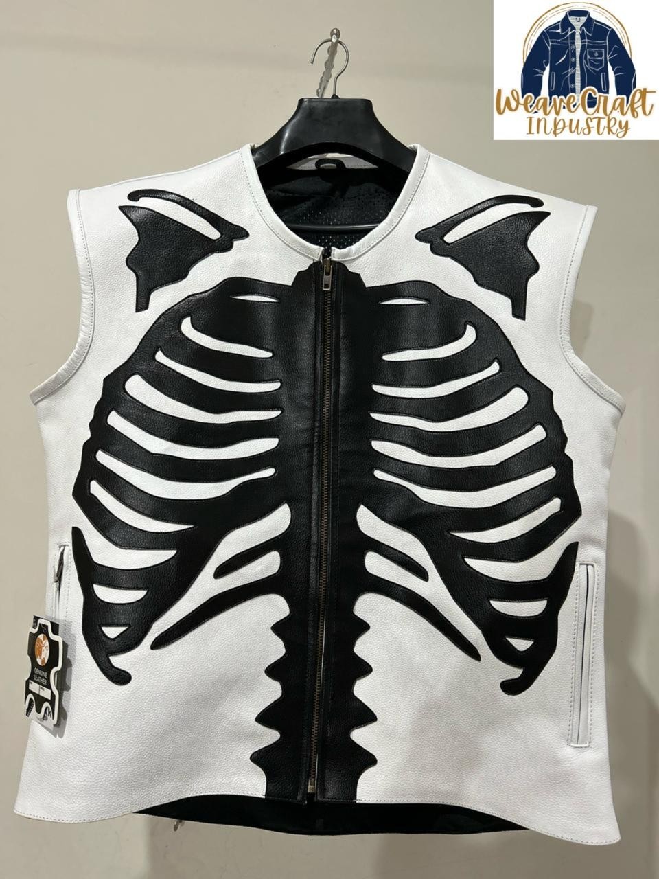 Mens Skeleton Biker Leather Vest White Black Punk Rock Gothic Gift For Halloween