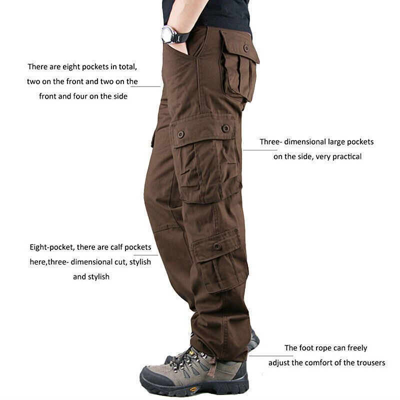 8 Pockets Men’s Cargo Pants Cotton Work Trousers Tactical Combat Outdoor Pants