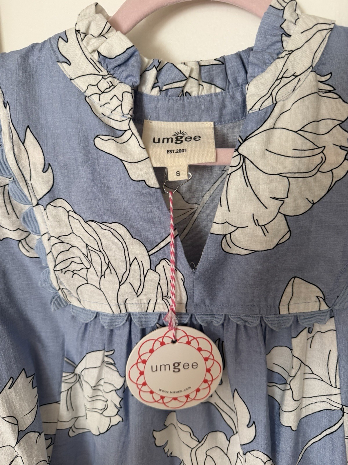 UMGEE Blue/White Floral Ruffle V-Neck Puff Sleeve Rayon Blouse Women S
