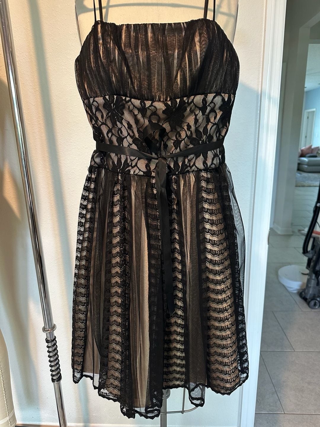 OC by OC Black Lace Overlay A-Line Mini Dress with Satin Ribbon Belt