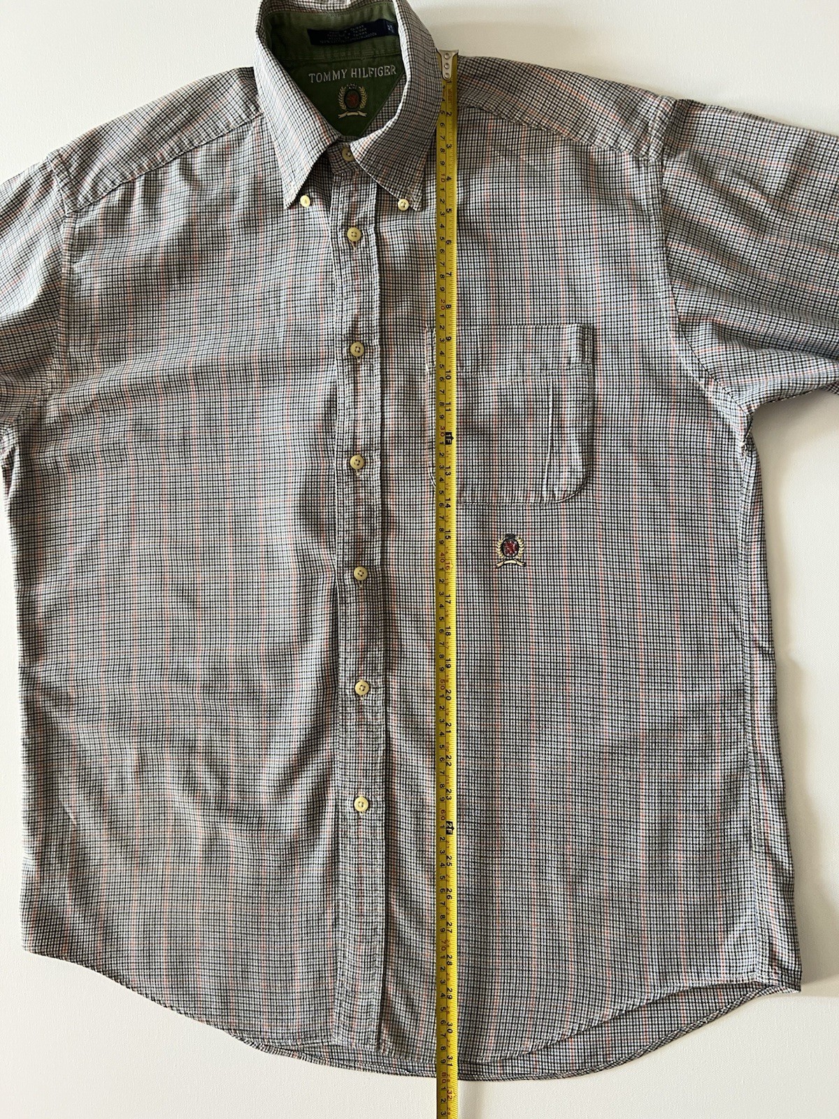 Vintage 90s Tommy Hilfiger Lion Crest Logo Button Down Shirt Green Plaid Large