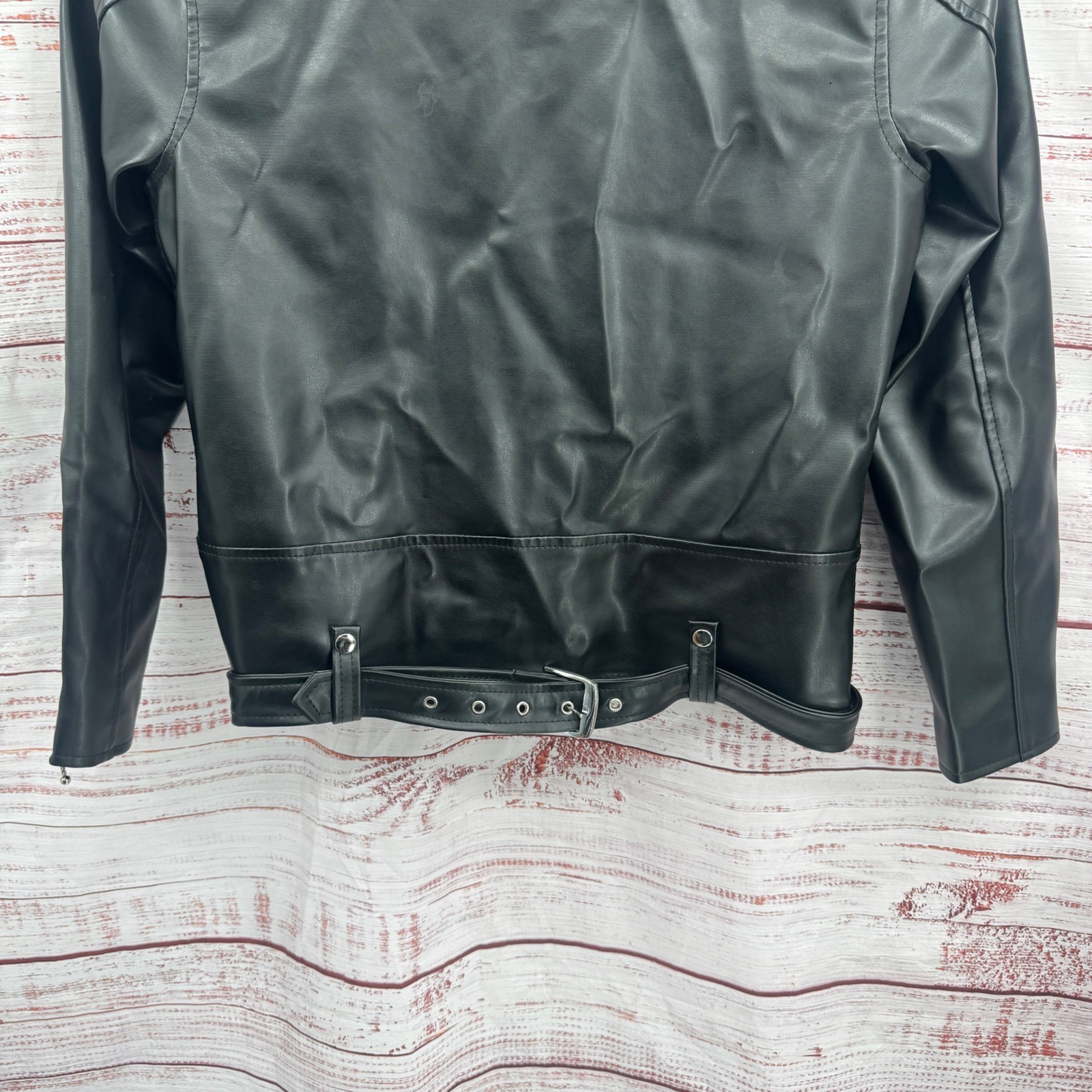 Straight to Hell Moto Jacket Large Black Faux Leather Red Quilted Lined Belted
