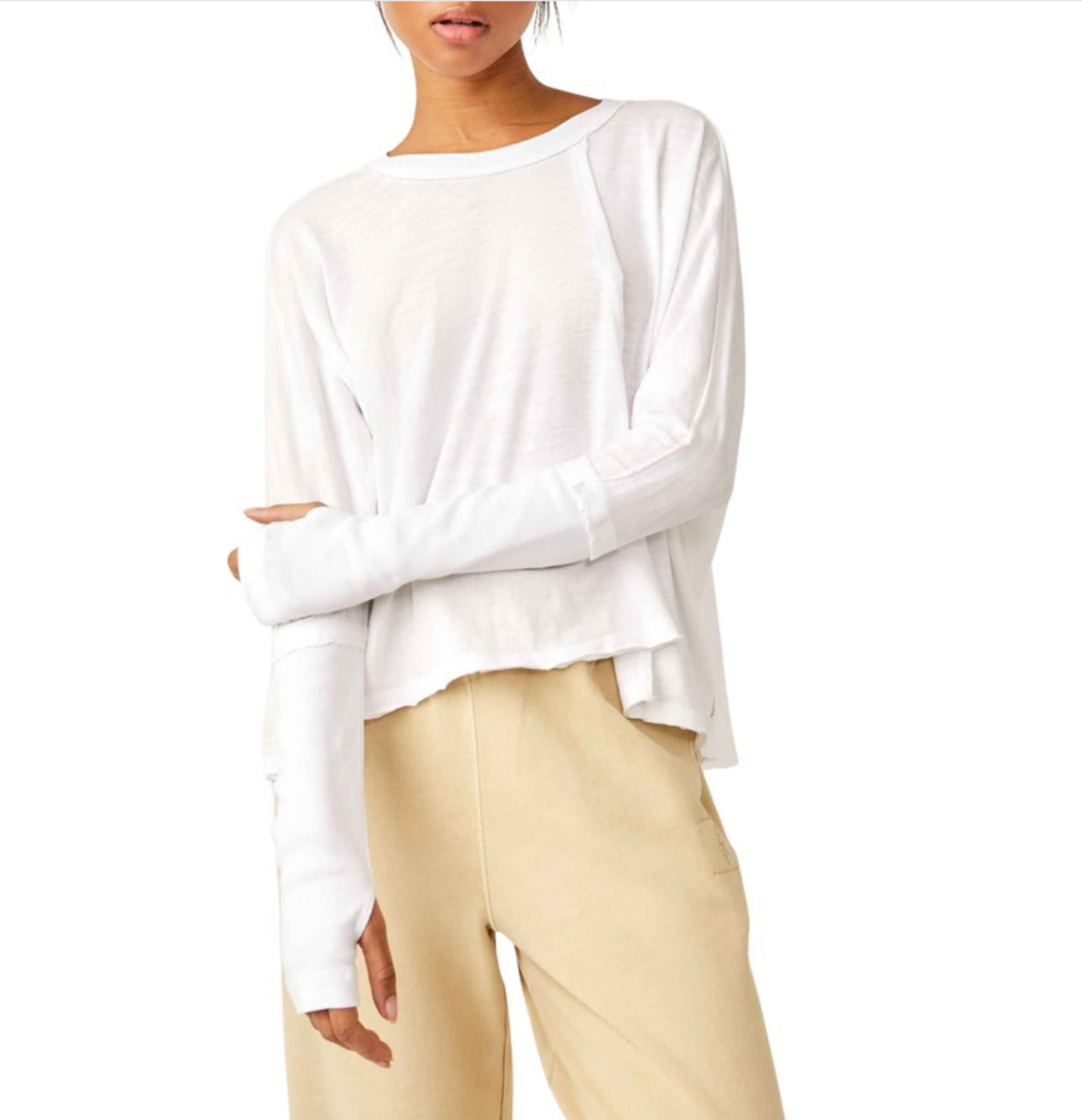 Free People Movement White Hi-Low Long Sleeve Cotton Ten Laps Top Sz XL
