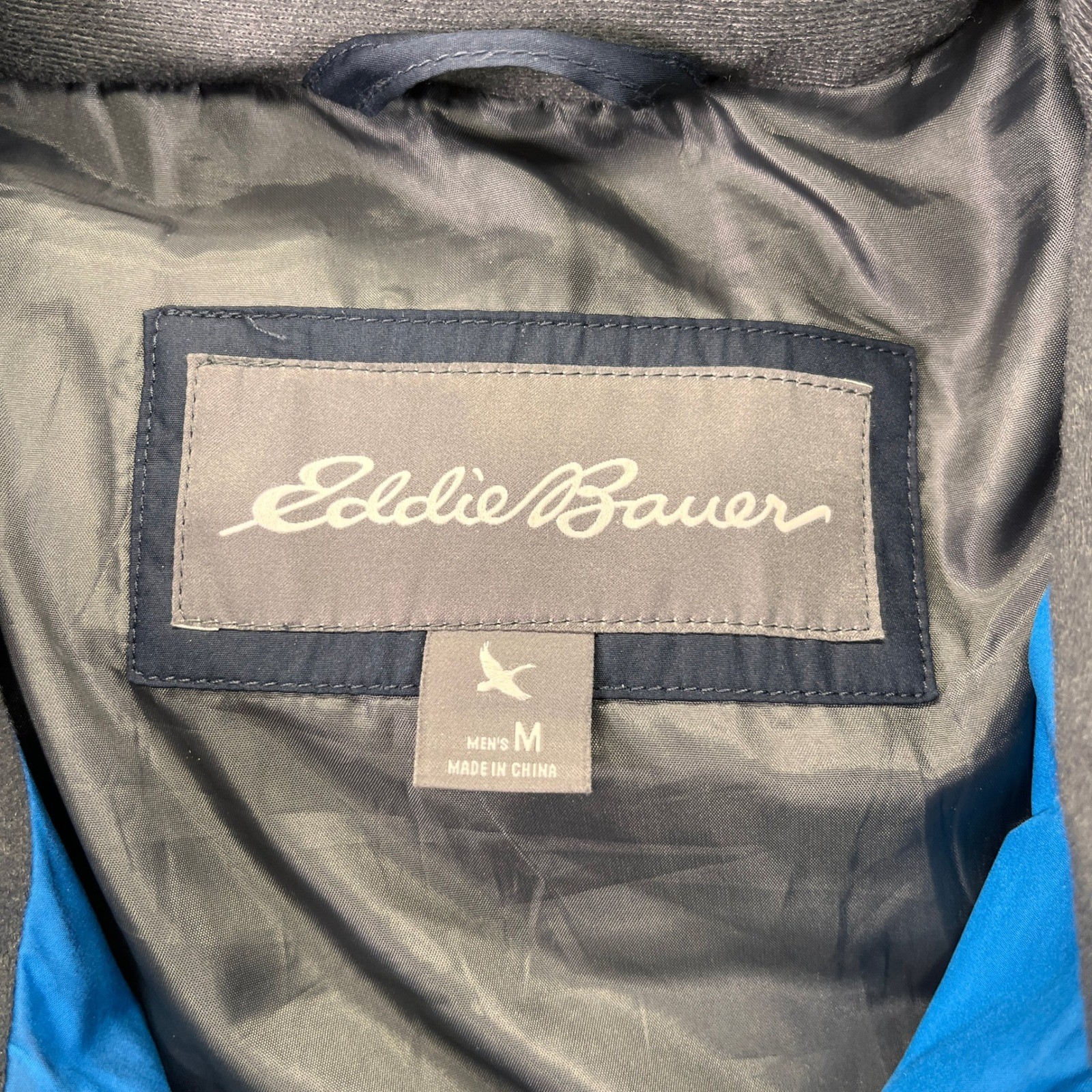 Eddie Bauer Puffer Jacket Mens Medium Blue Black EB650 Down Fill Winter Coat