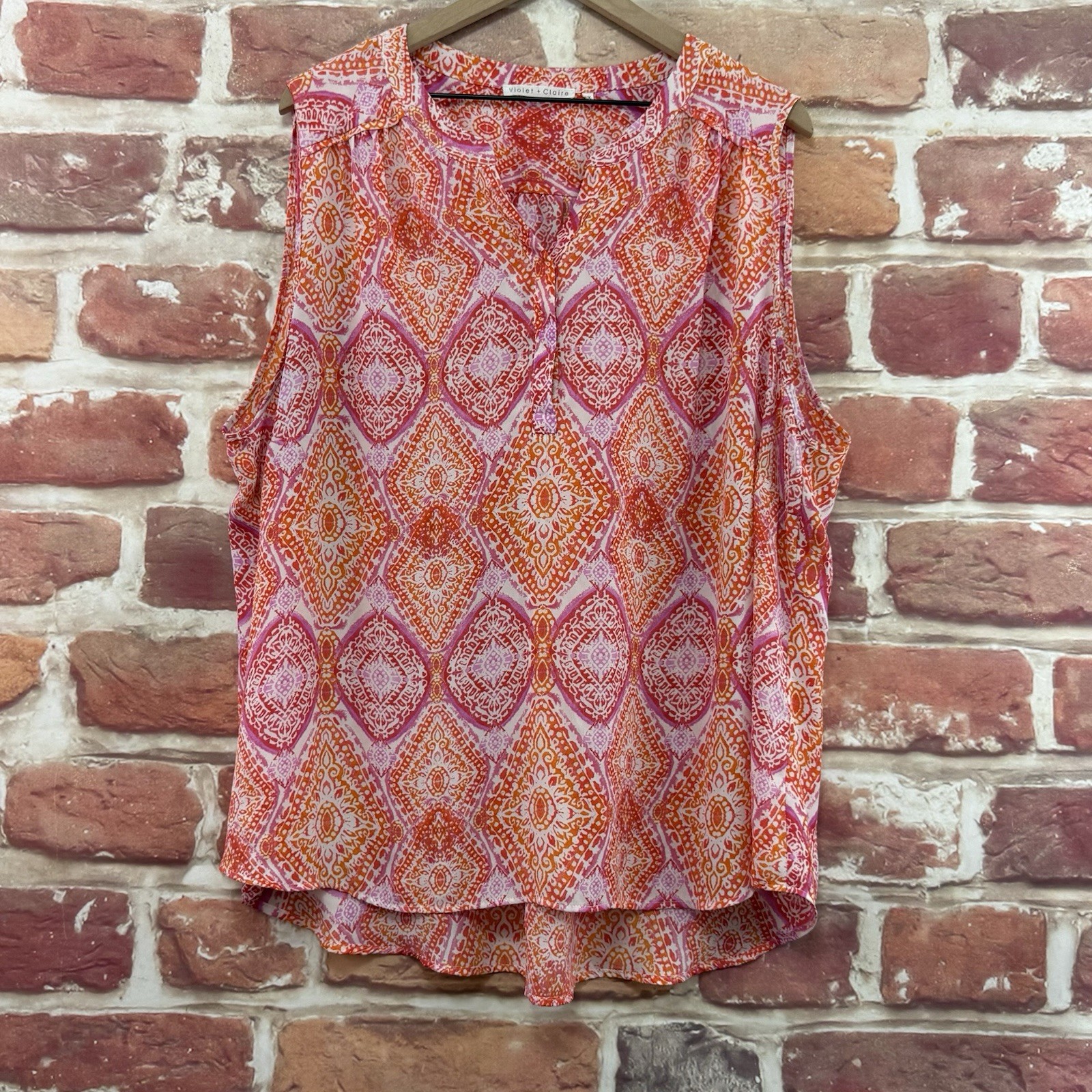 Violet + Claire Top Womens 3X Orange Boho Floral Abstract Casual Tank Shirt