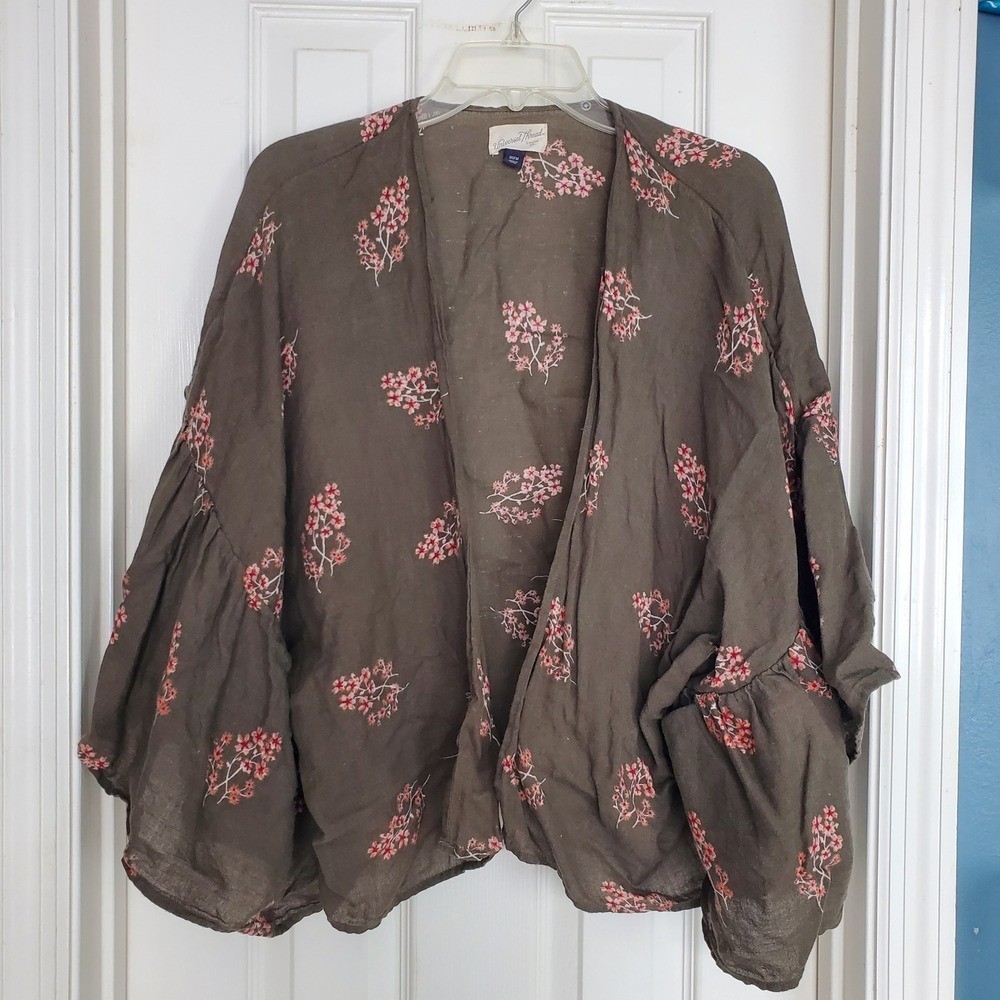 Linen Blend Cropped Kimono Cardigan Olive Green Floral Print Cottage Boho OSFM