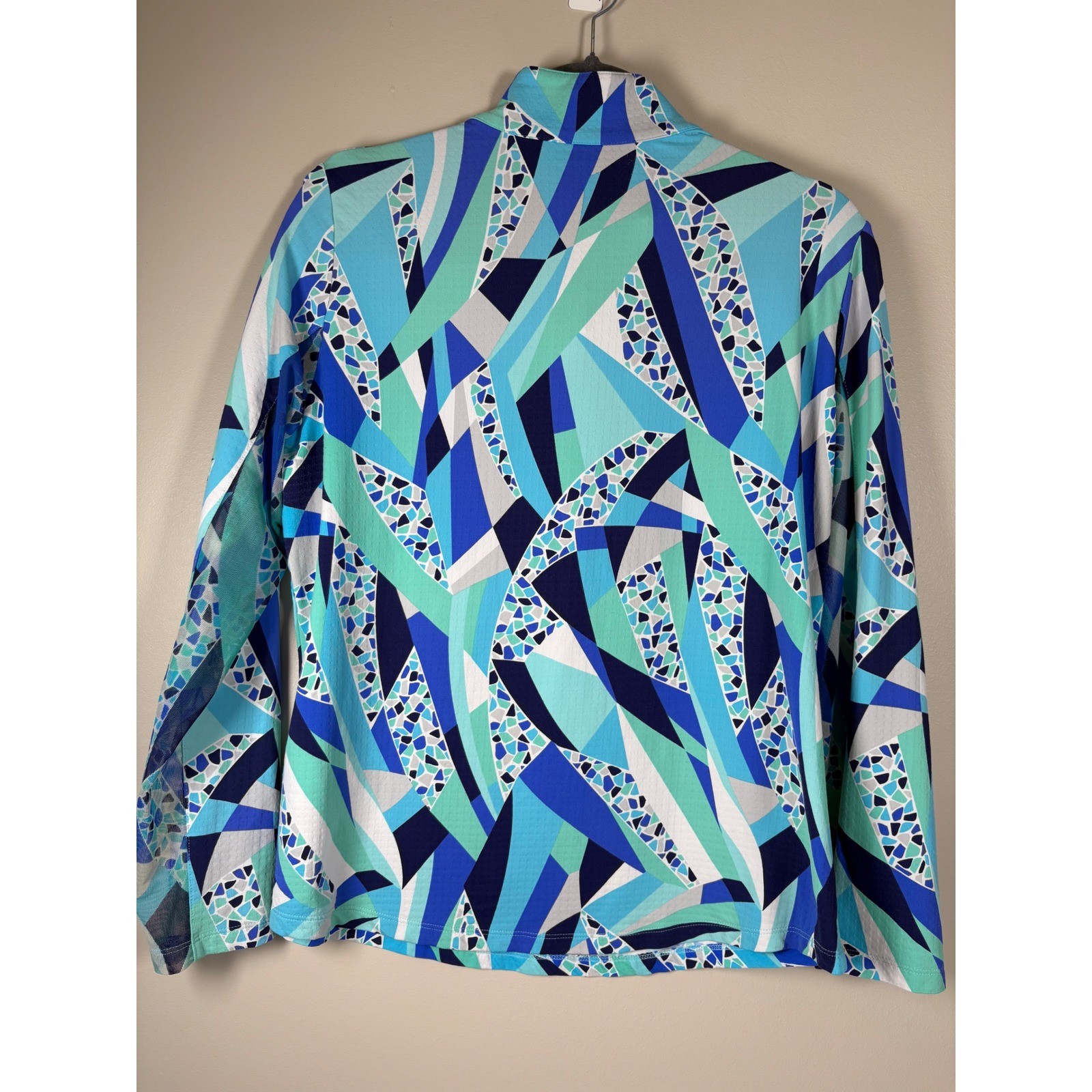 IBKUL Briana Long Sleeve Mock Neck Top Sun Shirt Blue Geometric Mosaic UPF 50 L