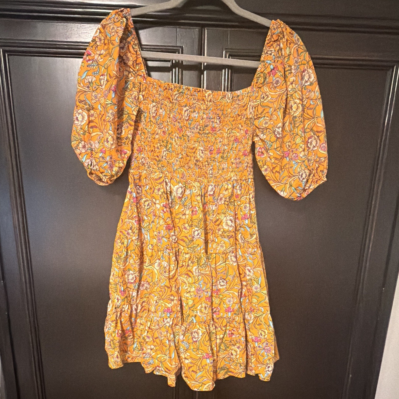 FLYING TOMATO Floral Smocked Fit & Flare Puff Sleeve Short Dress L Orange