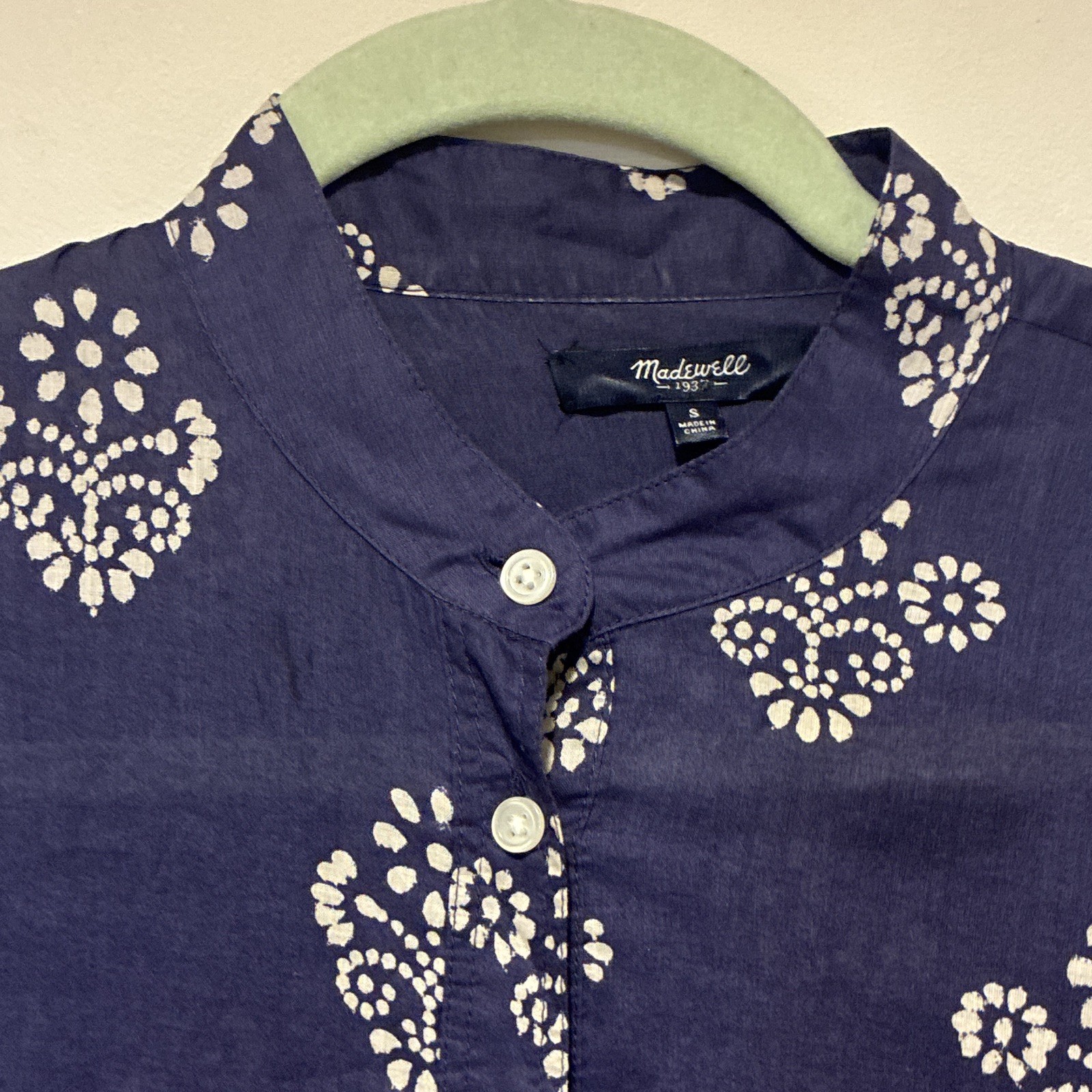 Madewell Blue White Floral Blouse Mock Neck Woven 3/4 Sleeve Button Front S