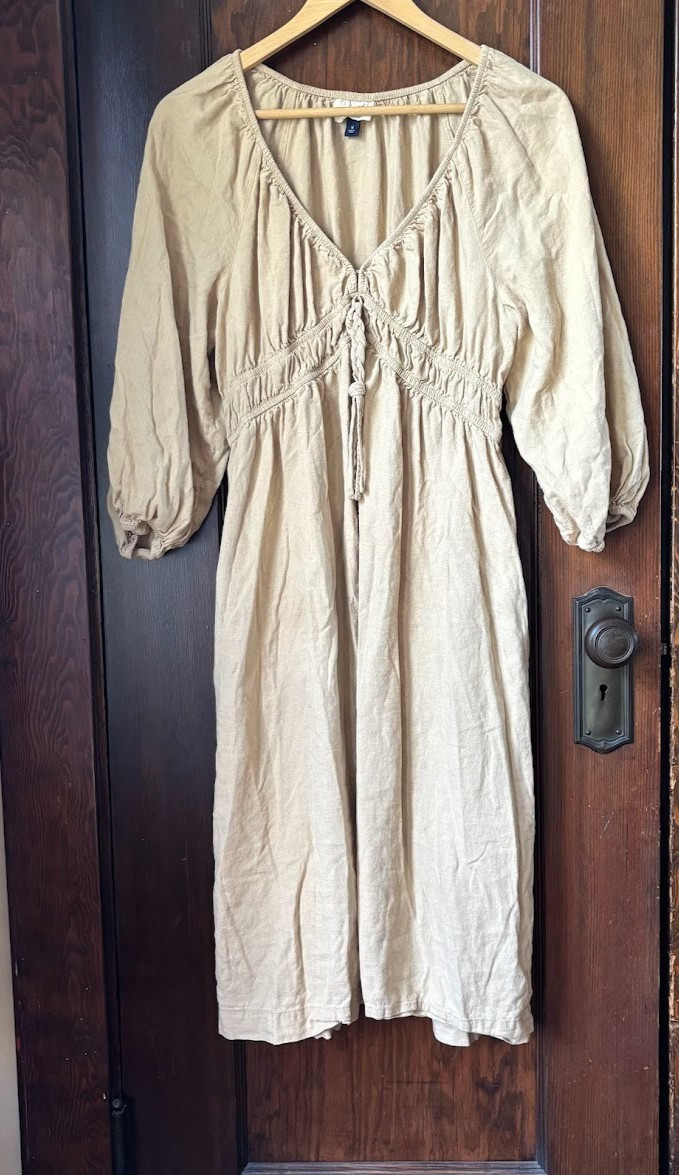 LINEN Blend Boho Cottage Midi Dress Medium M Smocked Beige Khaki Peasant Travel