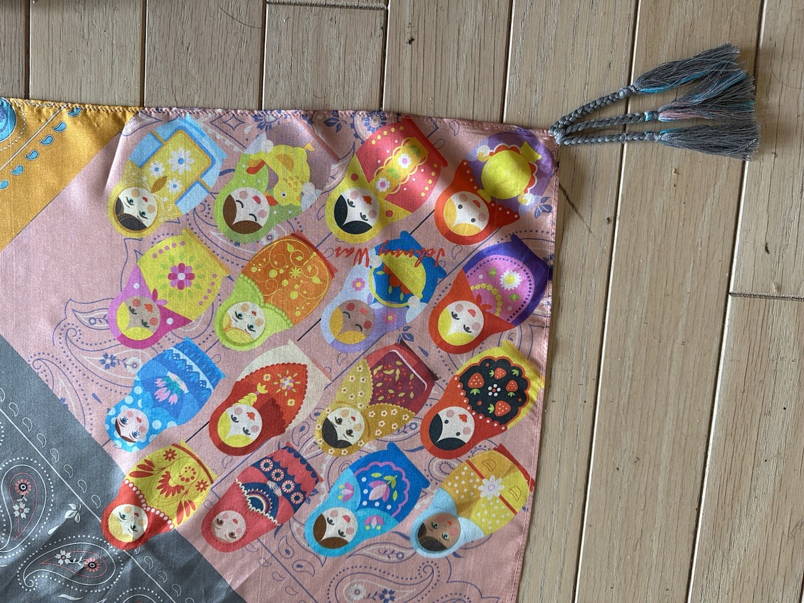 Johnny Was Silk Scarf RARE Floral Patchwork Nesting Dolls Print Tassels 42″x42″