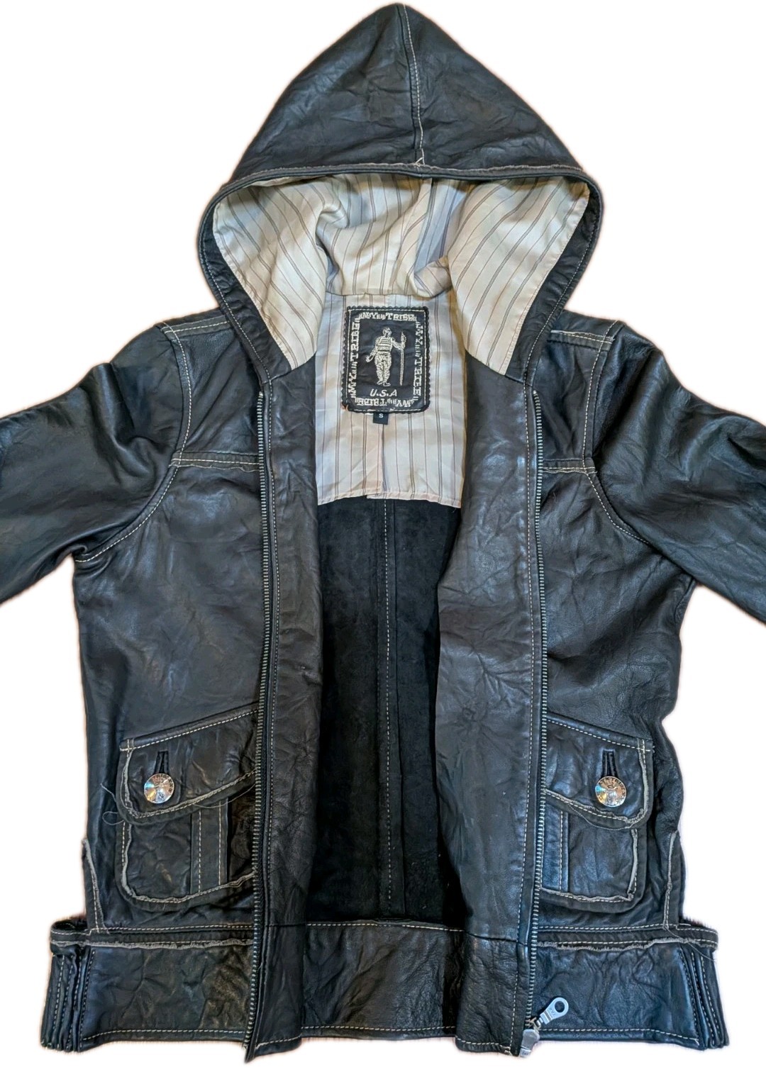My Tribe Leather Hooded/Crop Jacket Full Zip Roll-Tap/Long Sleeve Brown Size S