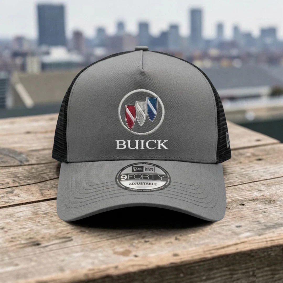 Buick Logo Embroidered Trucker Hat Gray Black Mesh Back Adjustable Cap