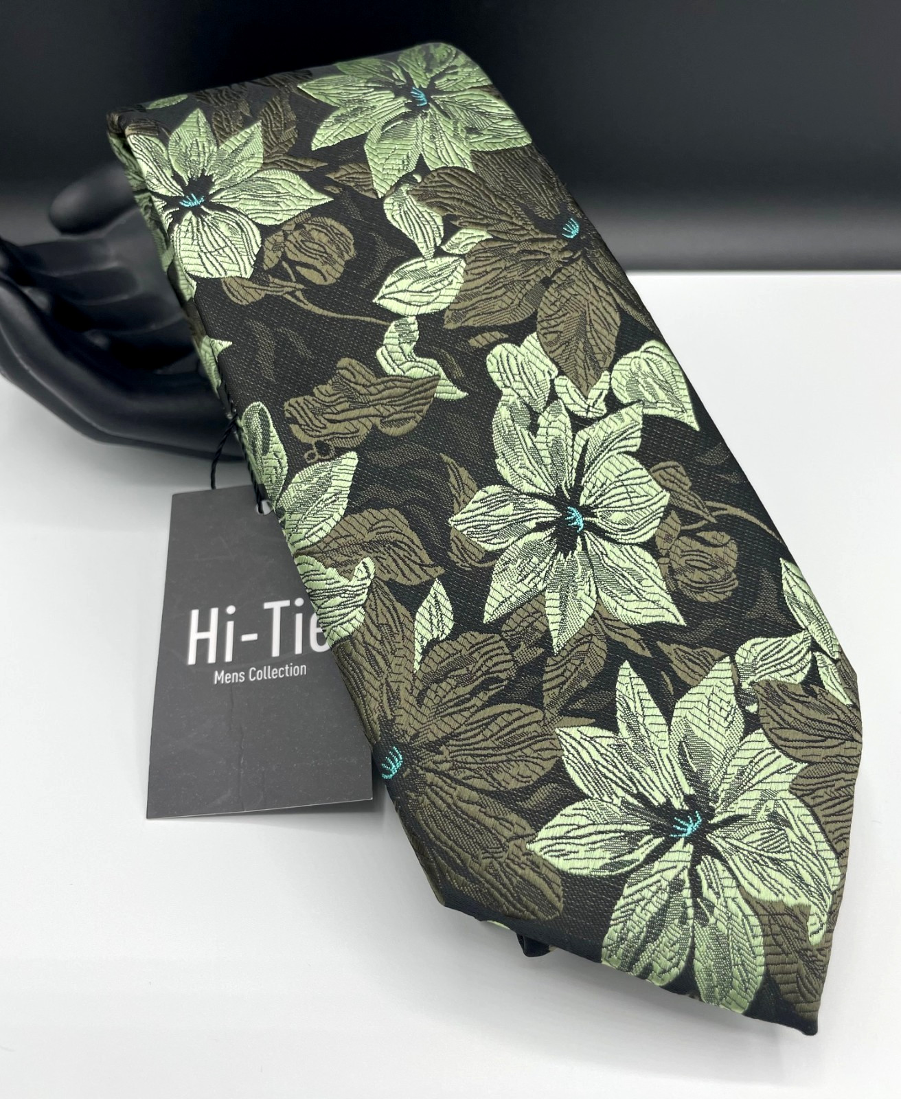 Hi-Tie Men’s 100% Silk Tie ~ Green ~ Floral Pattern ~ Hand Tailored!